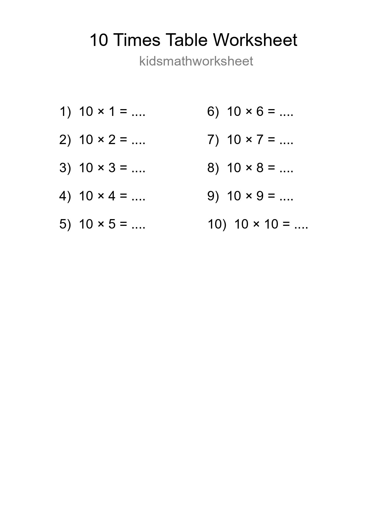 10 Times Table Worksheet For Grade 3 - Part 97