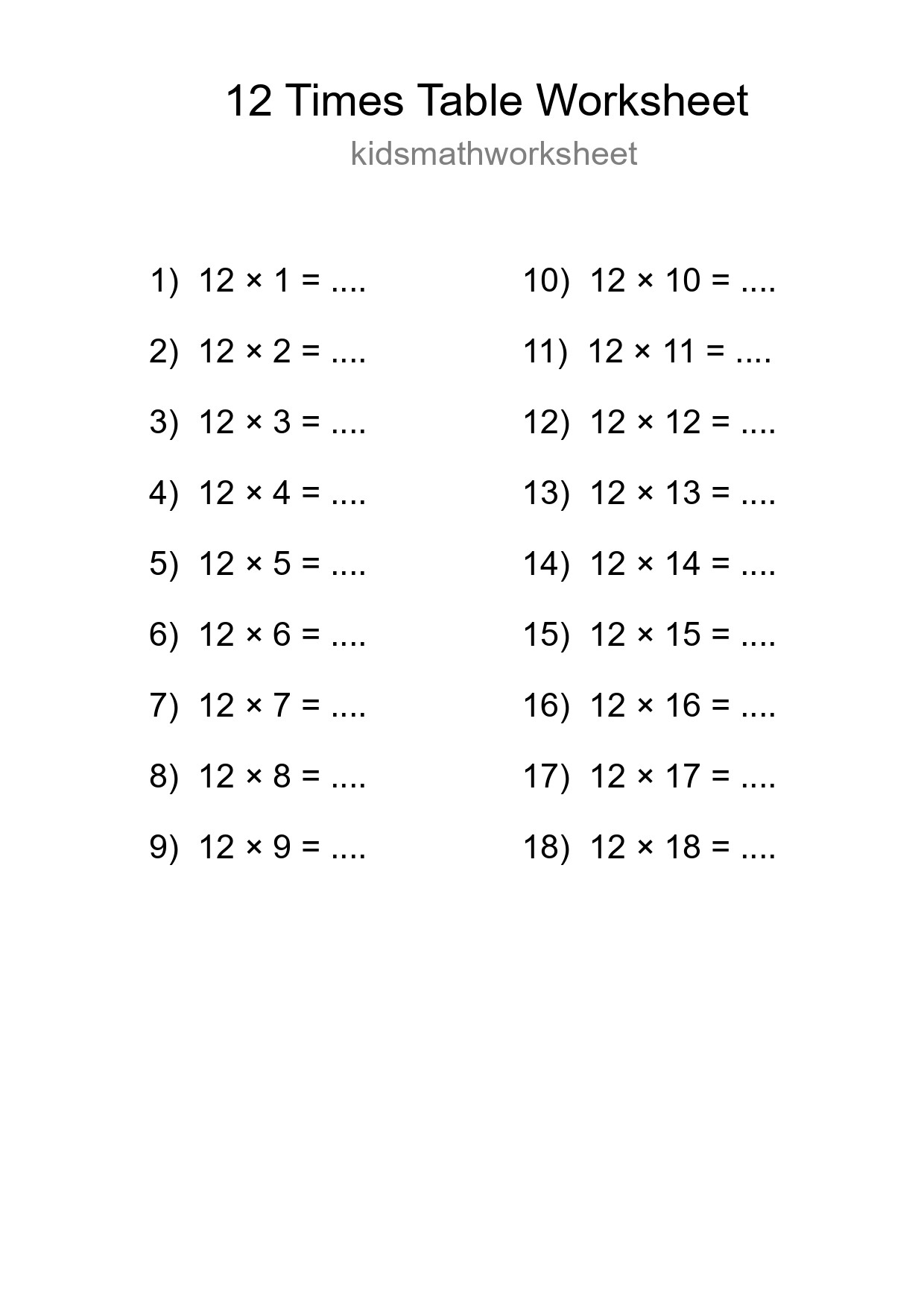 12 Times Table Worksheet For Grade 4 With Answers - Part 207