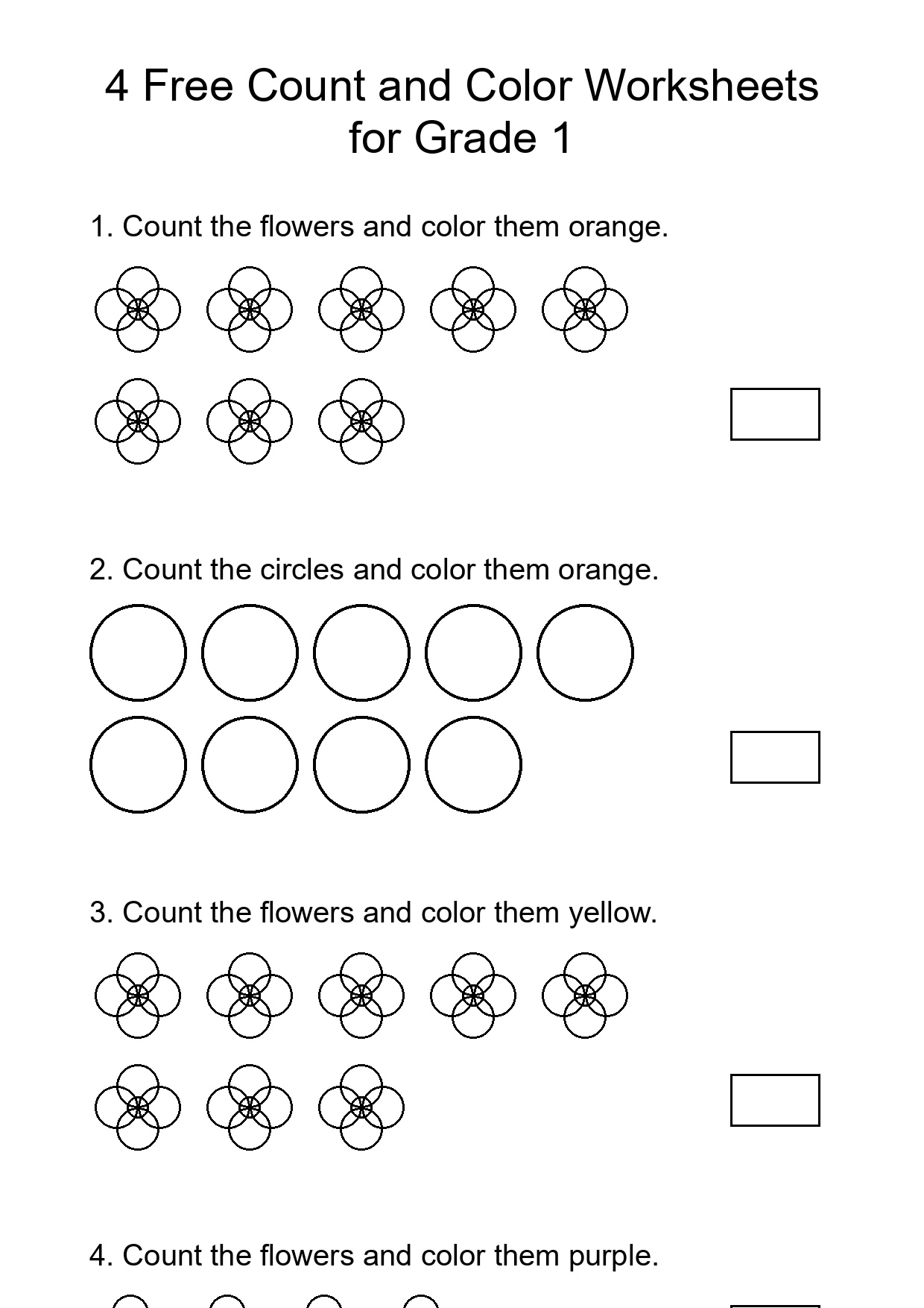 4 Free Count and Color Worksheets for Grade 1