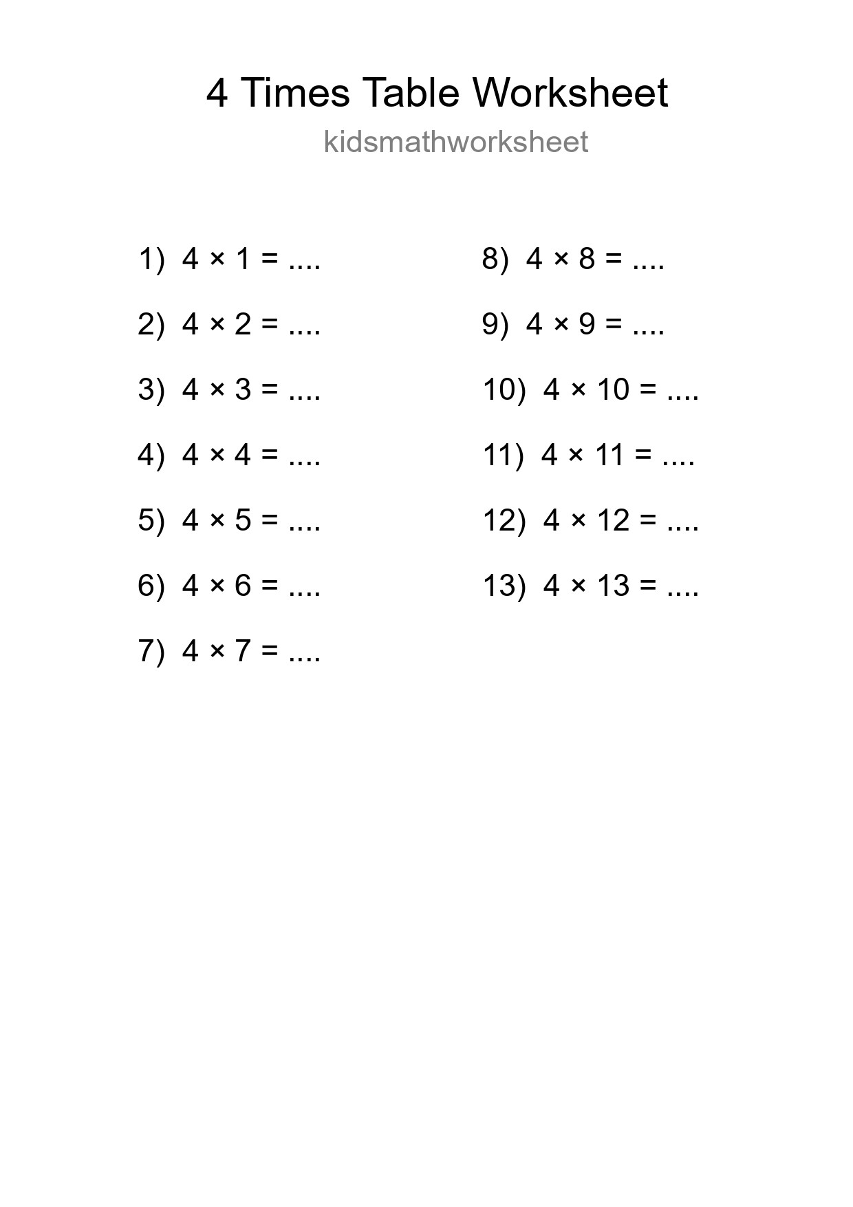 4 Times Table Worksheet For Grade 2 With Answers - Part 130