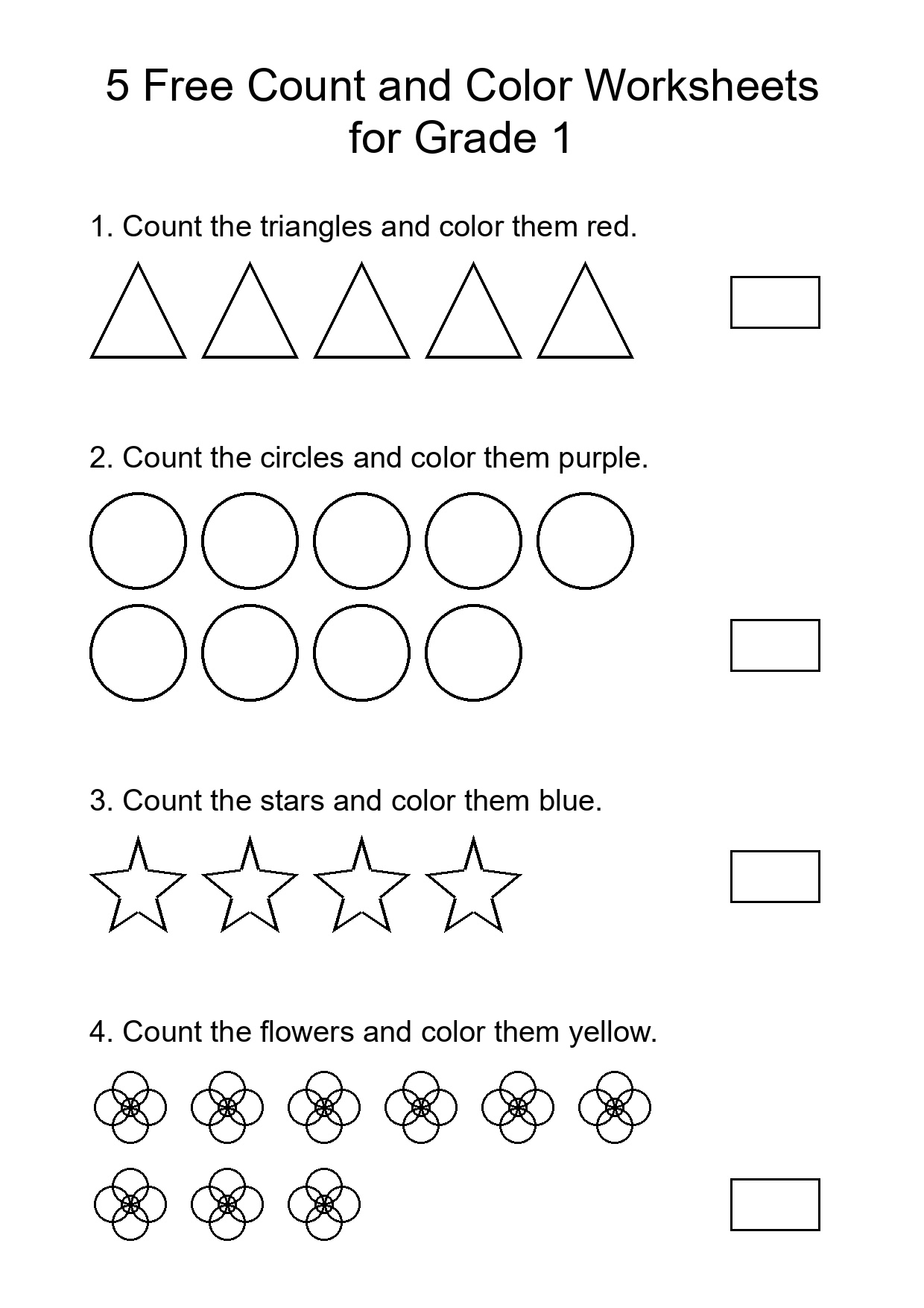 5 Free Count and Color Worksheets for Grade 1