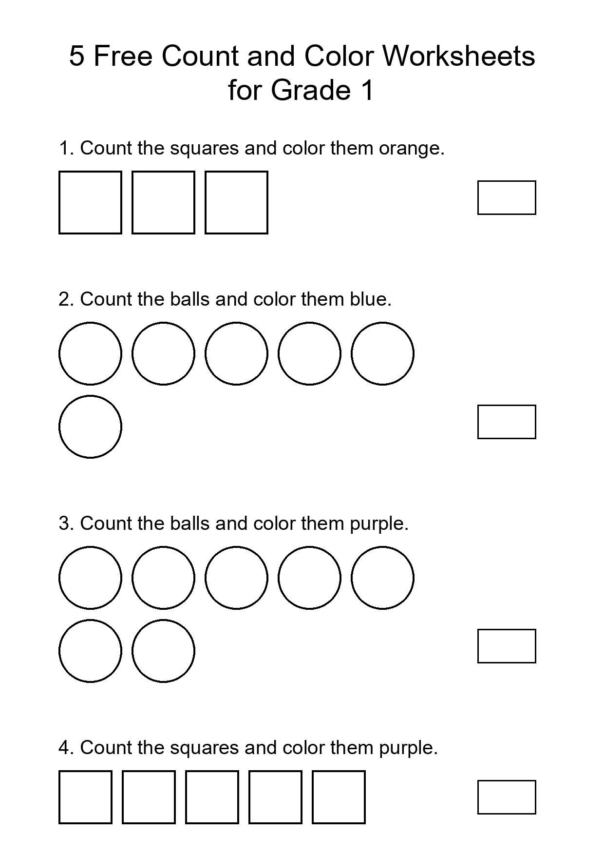 5 Free Count and Color Worksheets for Grade 1