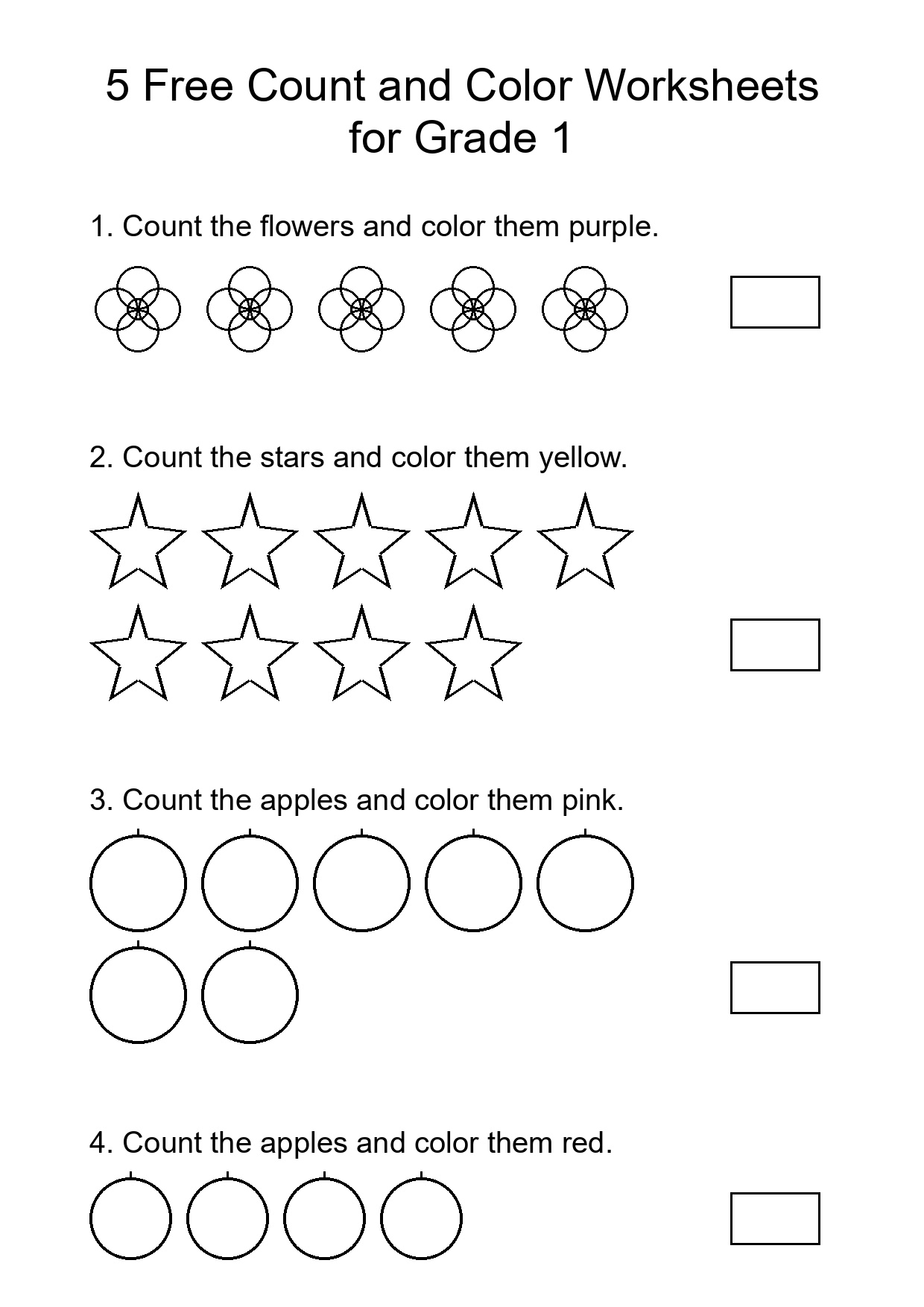 5 Free Count and Color Worksheets for Grade 1