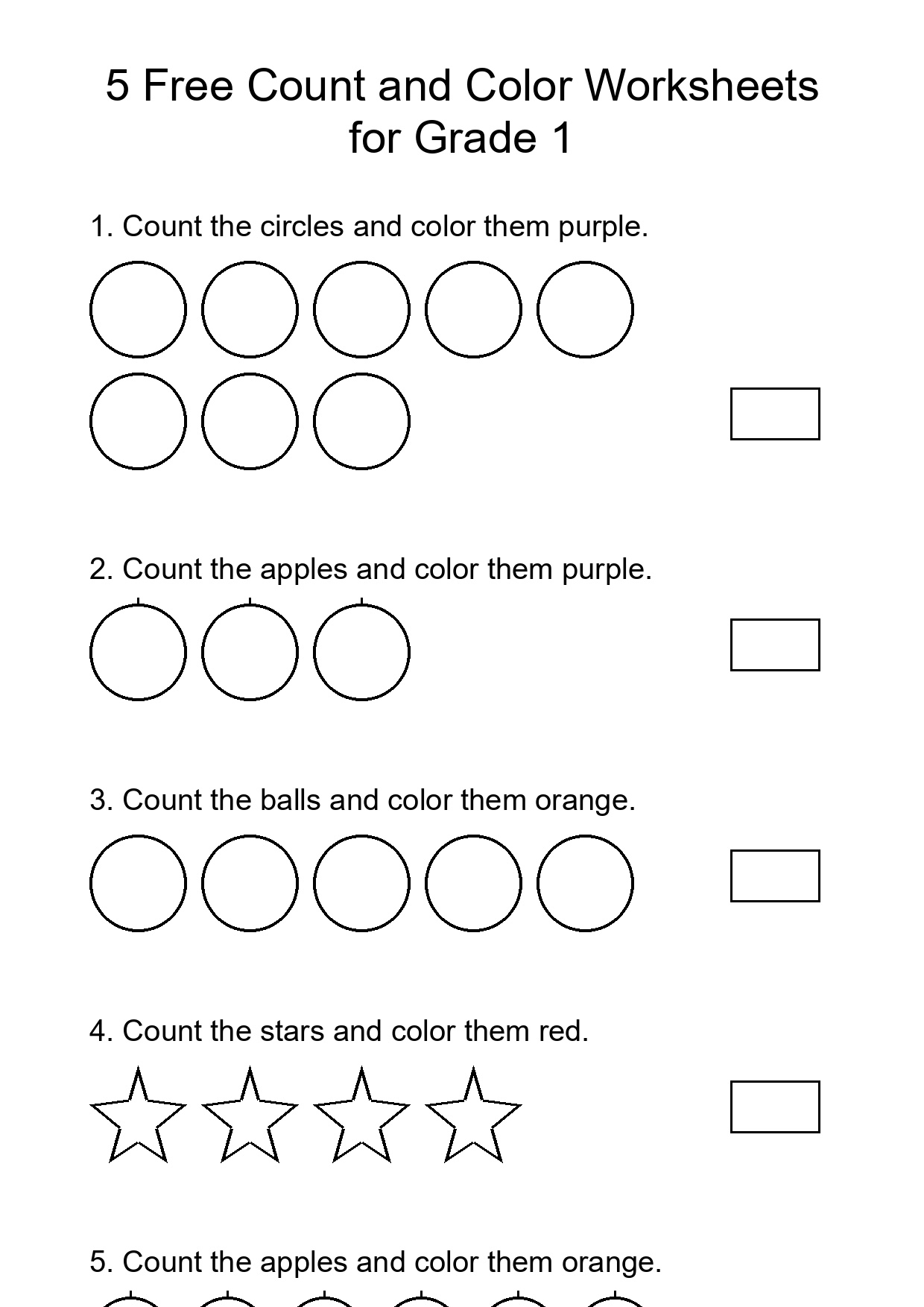 5 Free Count and Color Worksheets for Grade 1
