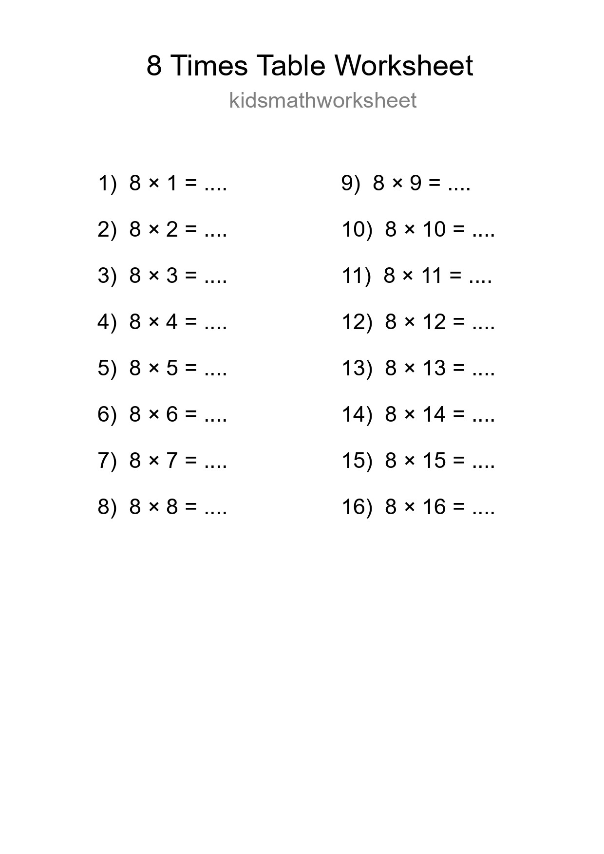 8 Times Table Worksheet For Grade 3 - Part 20