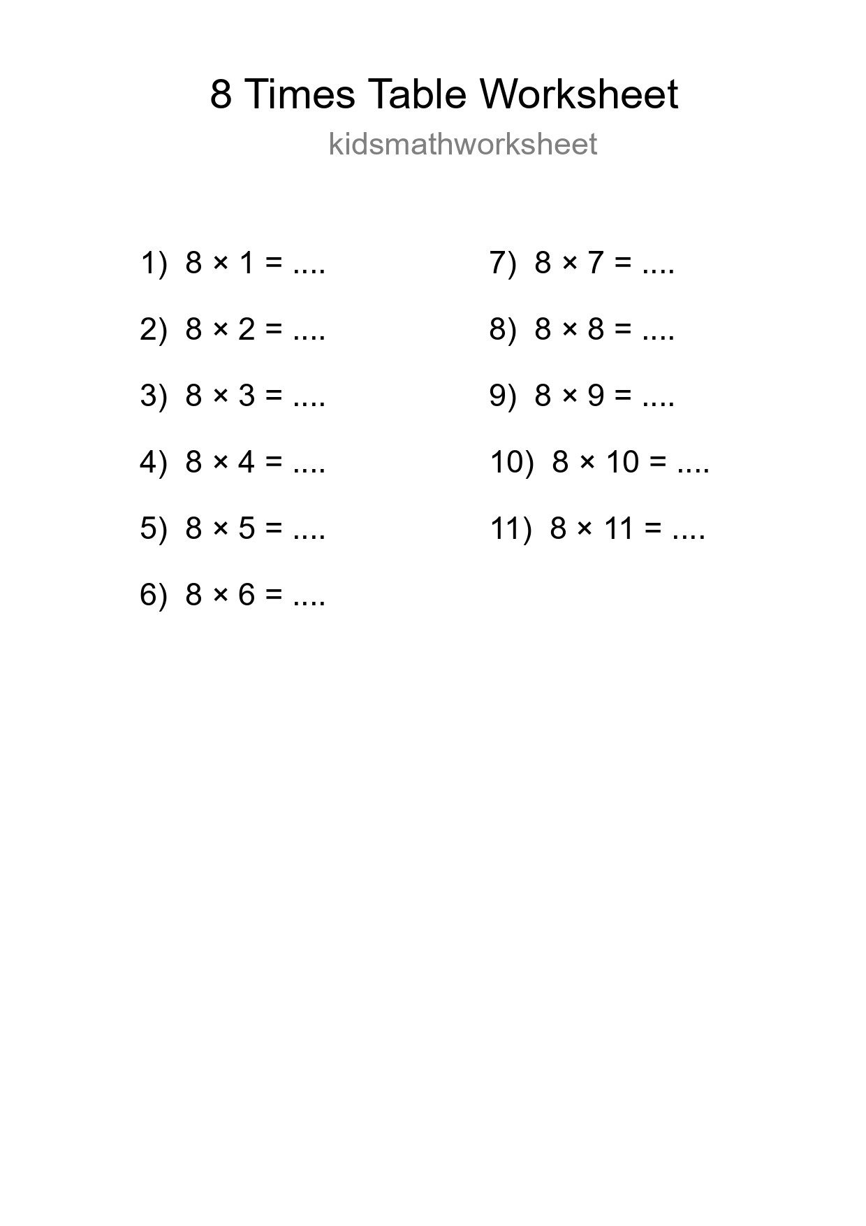 8 Times Table Worksheet For Grade 3 With Answers - Part 295