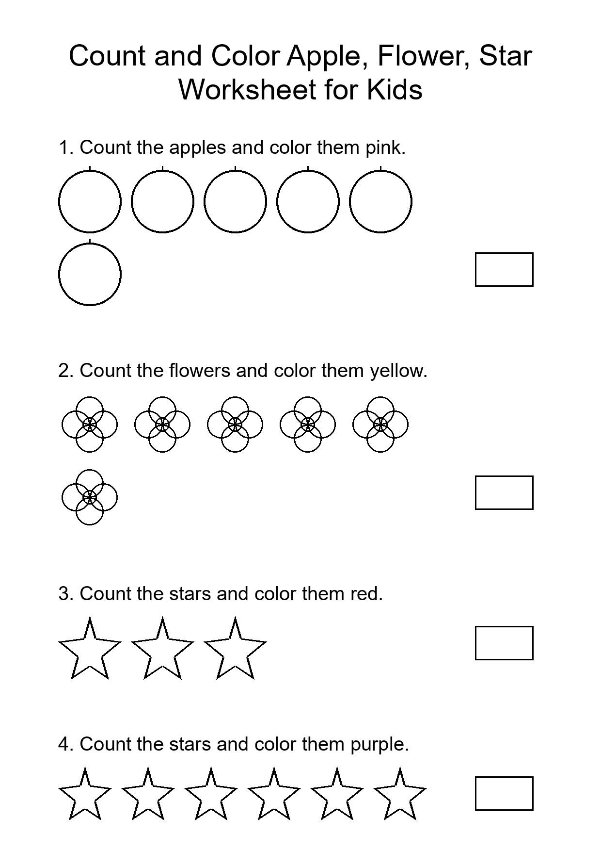 Count and Color Apple, Flower, Star Worksheet for Kids