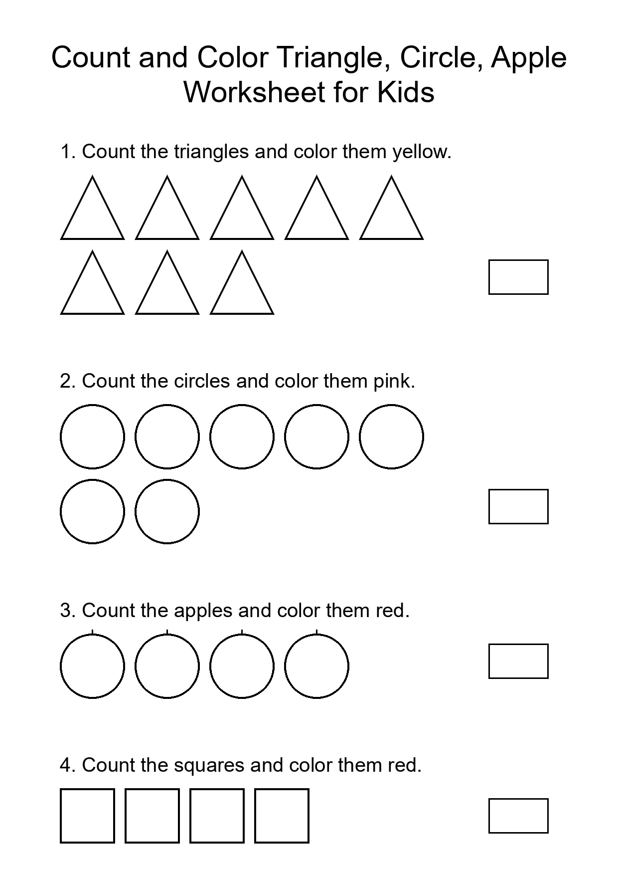Count and Color Triangle, Circle, Apple Worksheet for Kids