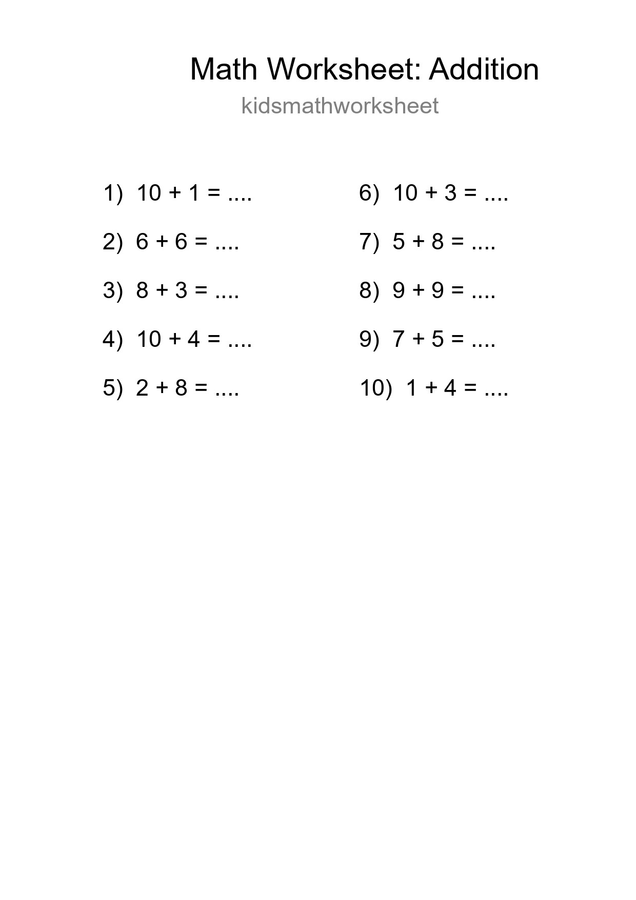 Free 10 Addition Math Worksheet For Grade 1 With Answers - Part 122