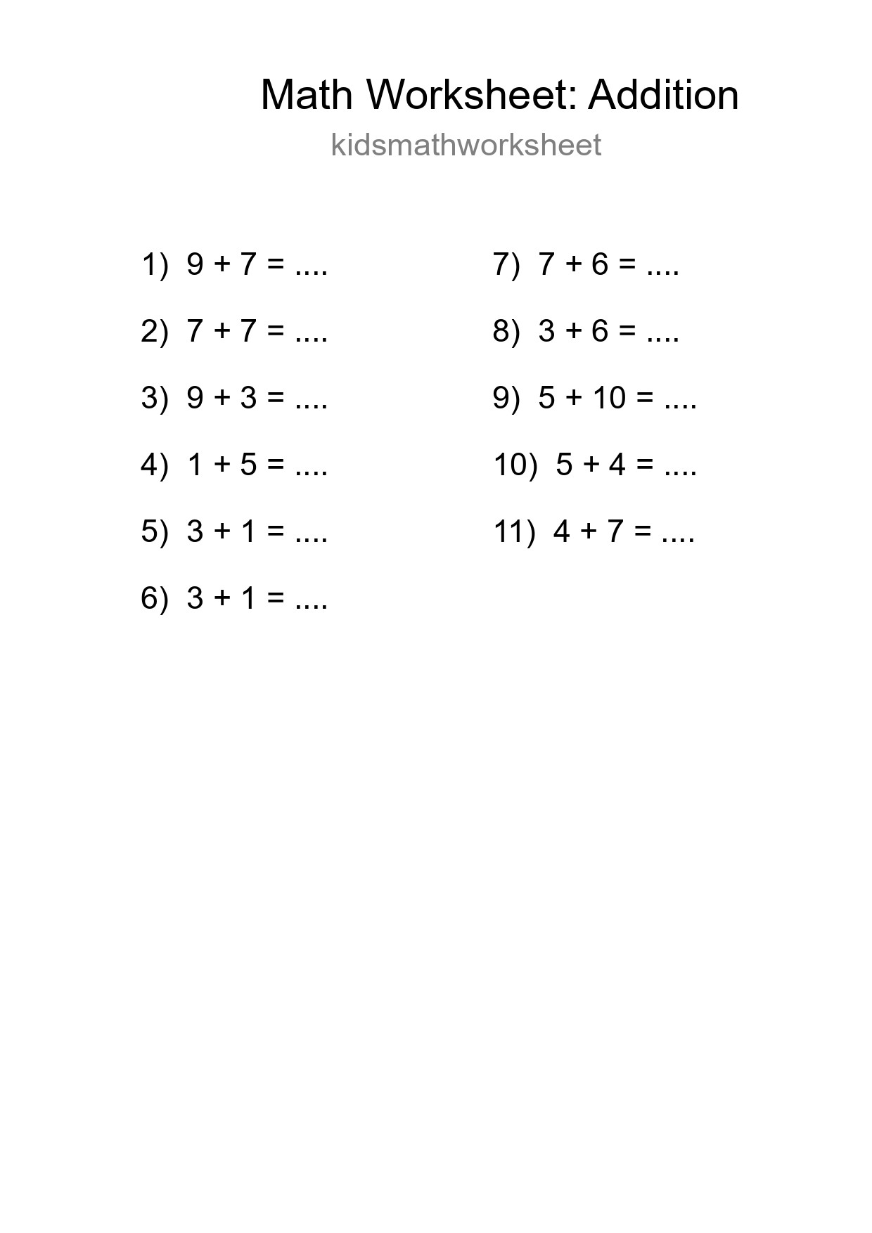 Free 11 Addition Math Worksheet For Grade 1 - Part 34
