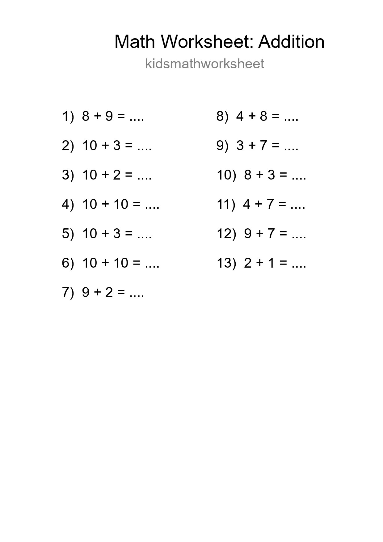 Free 13 Addition Math Worksheet For Grade 1 - Part 155