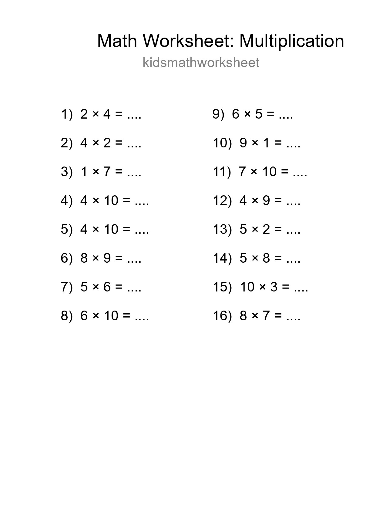 Free 16 Multiplication Math Worksheet For Grade 1 With Answers - Part 194