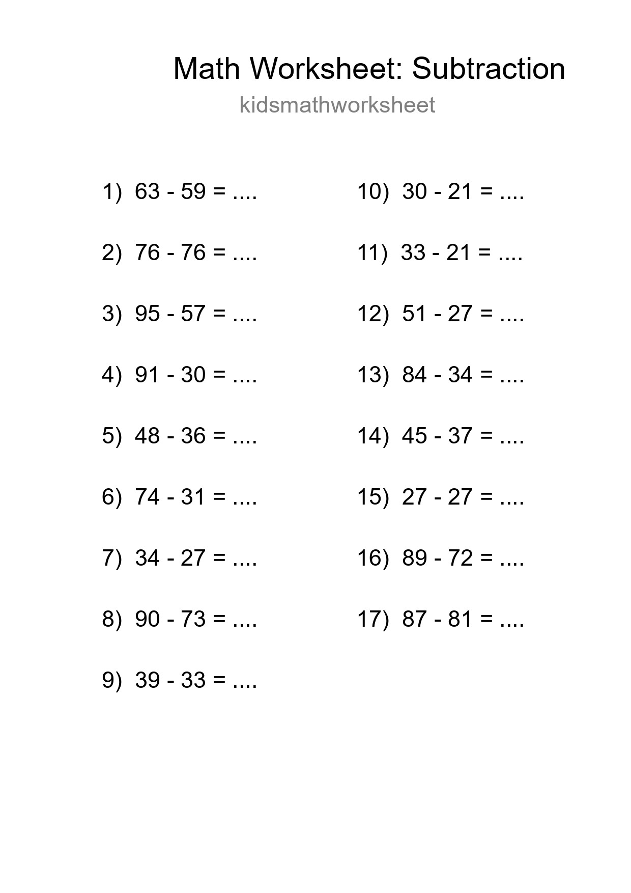 Free 17 Subtraction Math Worksheet For Grade 3 With Answers - Part 261