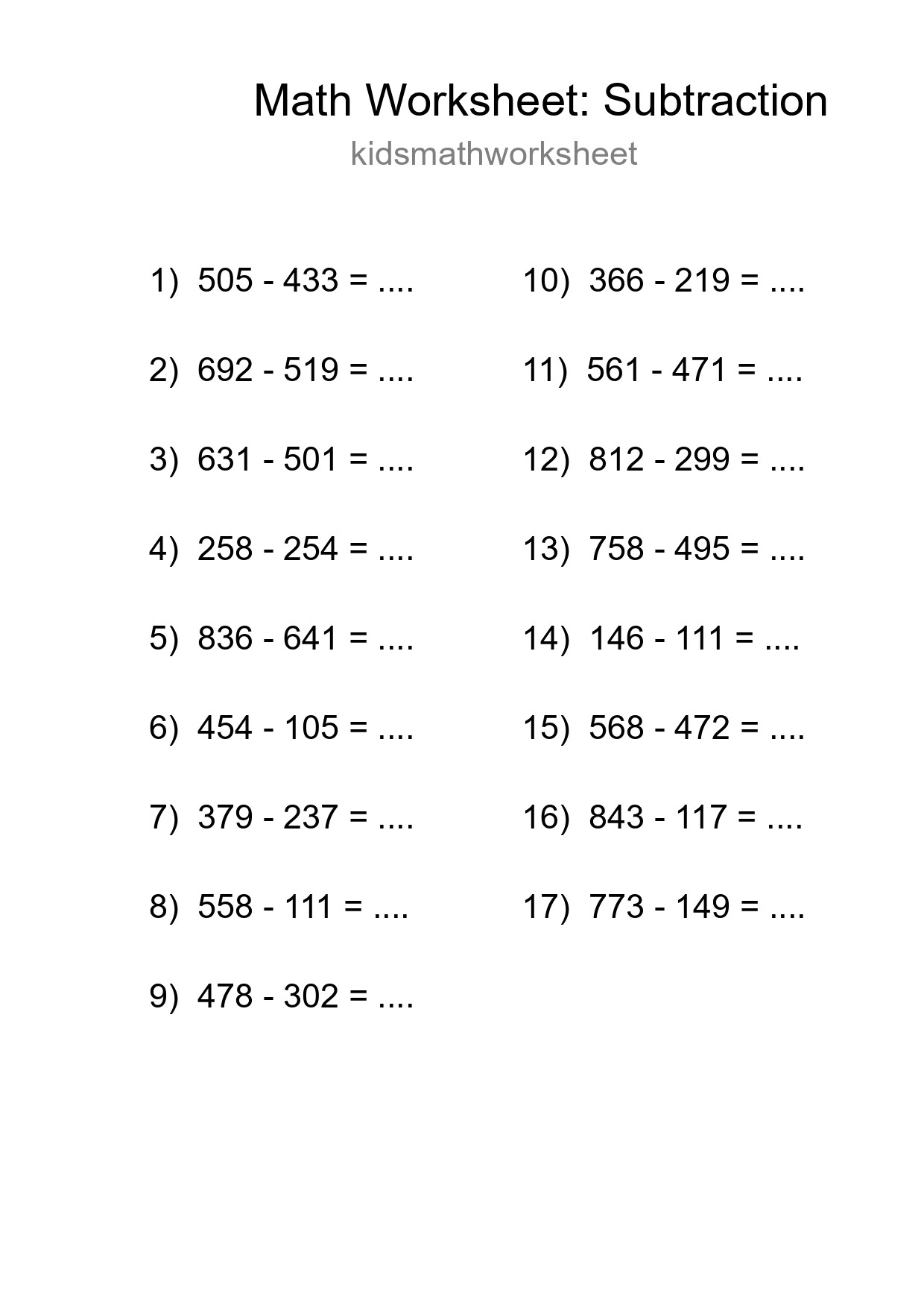 Free 17 Subtraction Math Worksheet For Grade 5 - Part 195