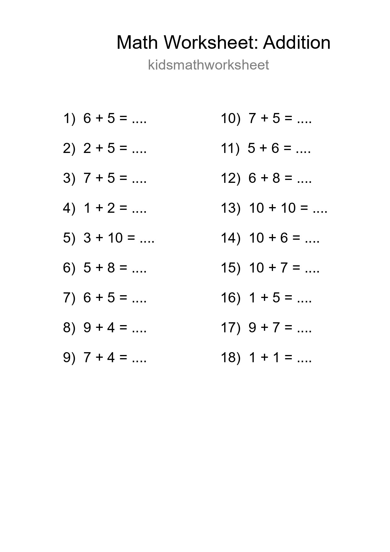 Free 18 Addition Math Worksheet For Grade 1 - Part 298