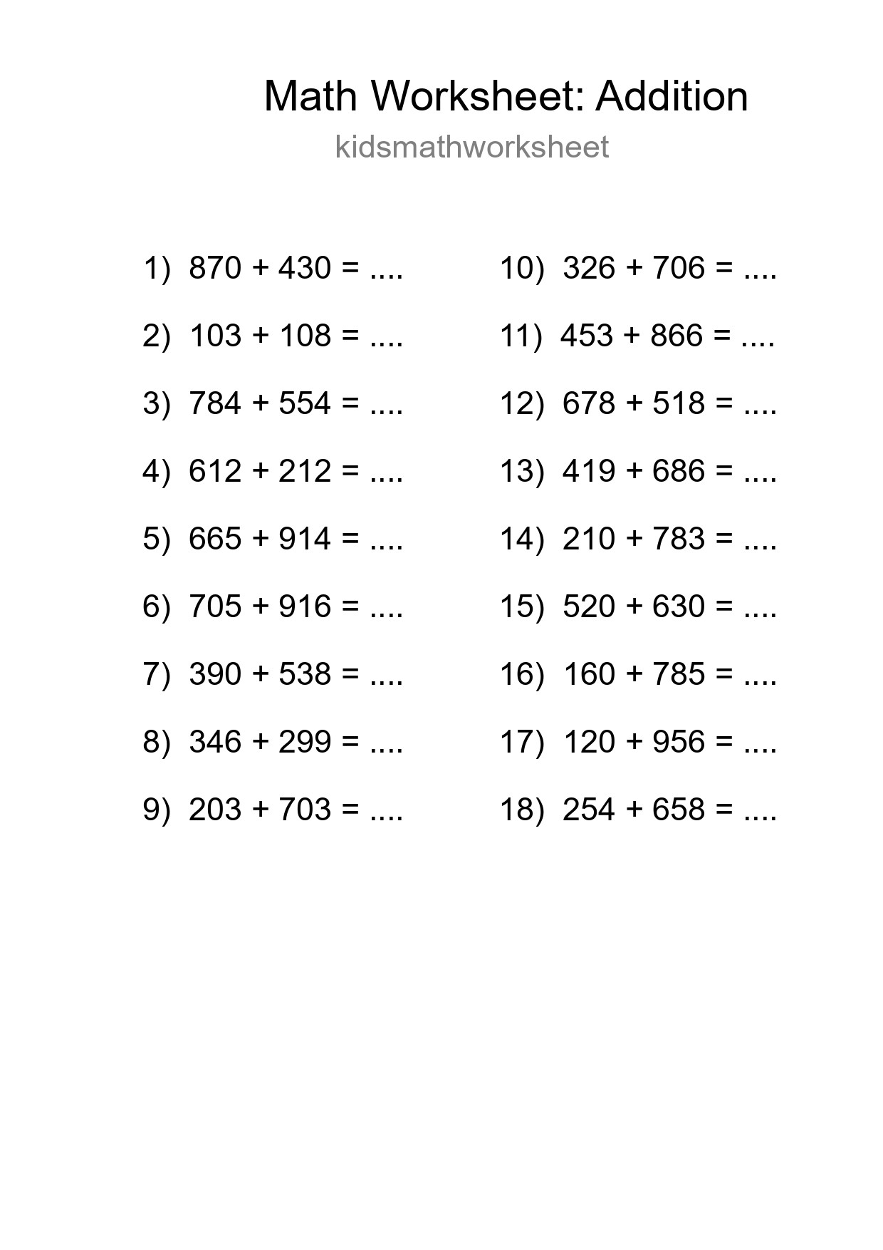Free 18 Addition Math Worksheet For Grade 5 With Answers