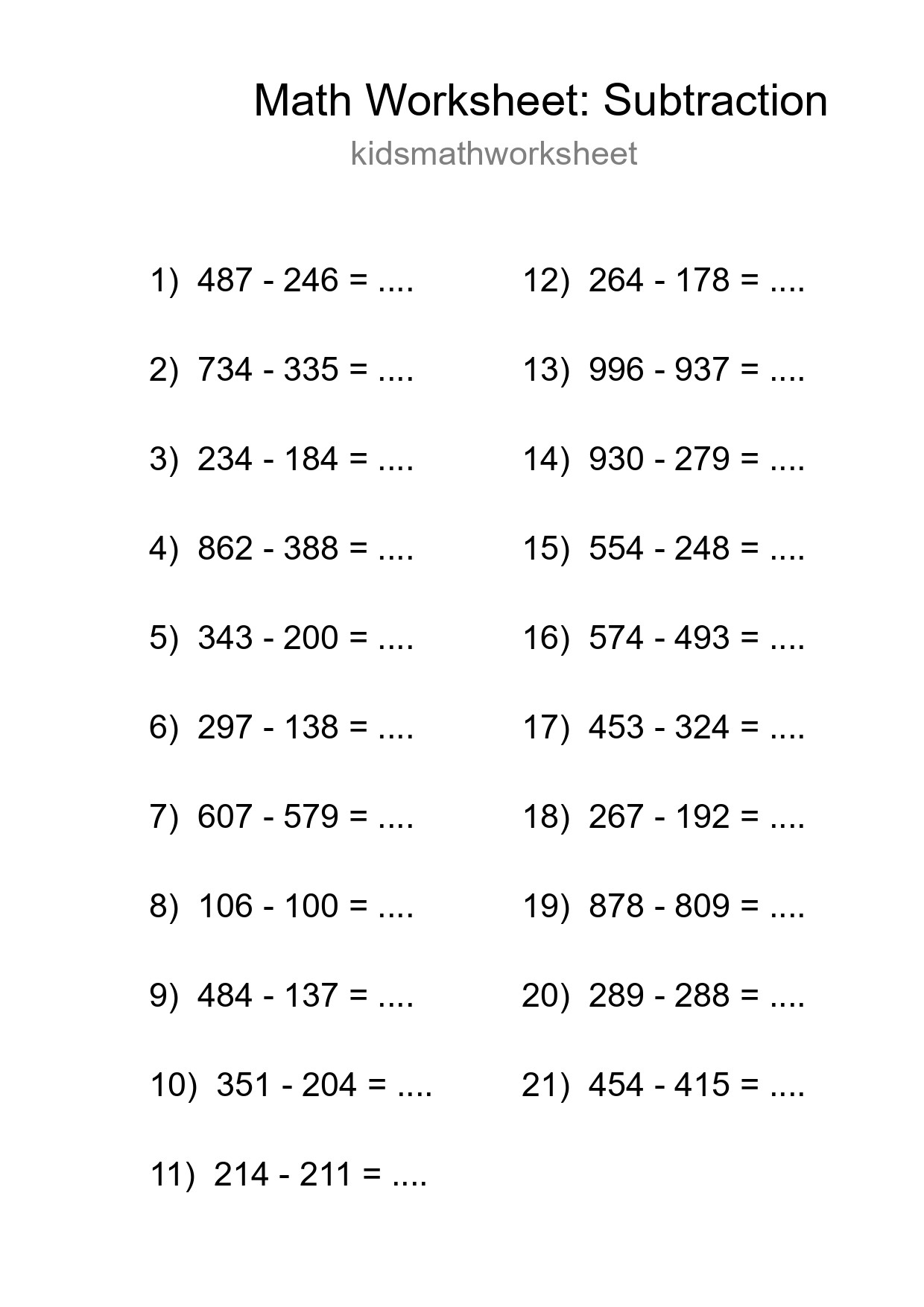 Free 21 Subtraction Math Worksheet For Grade 5 - Part 184