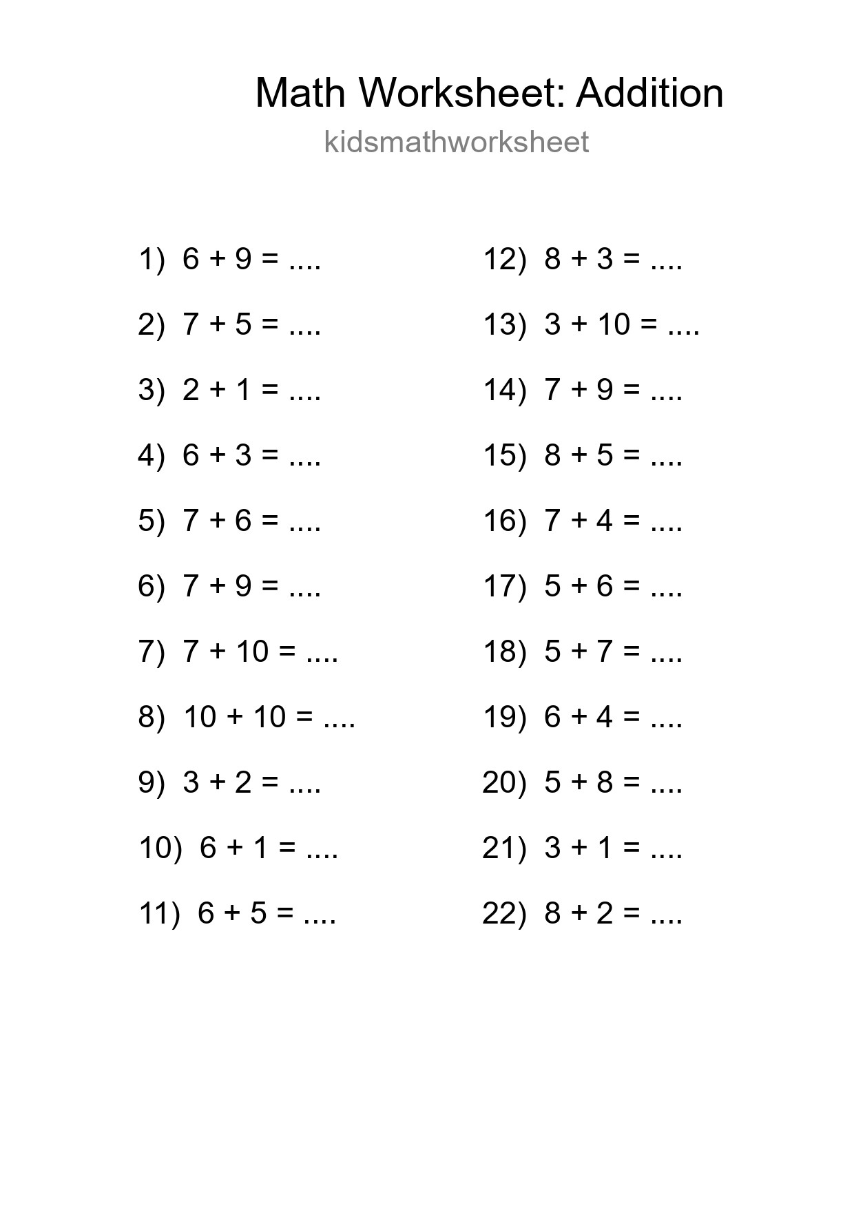 Free 22 Addition Math Worksheet For Grade 1 With Answers - Part 265
