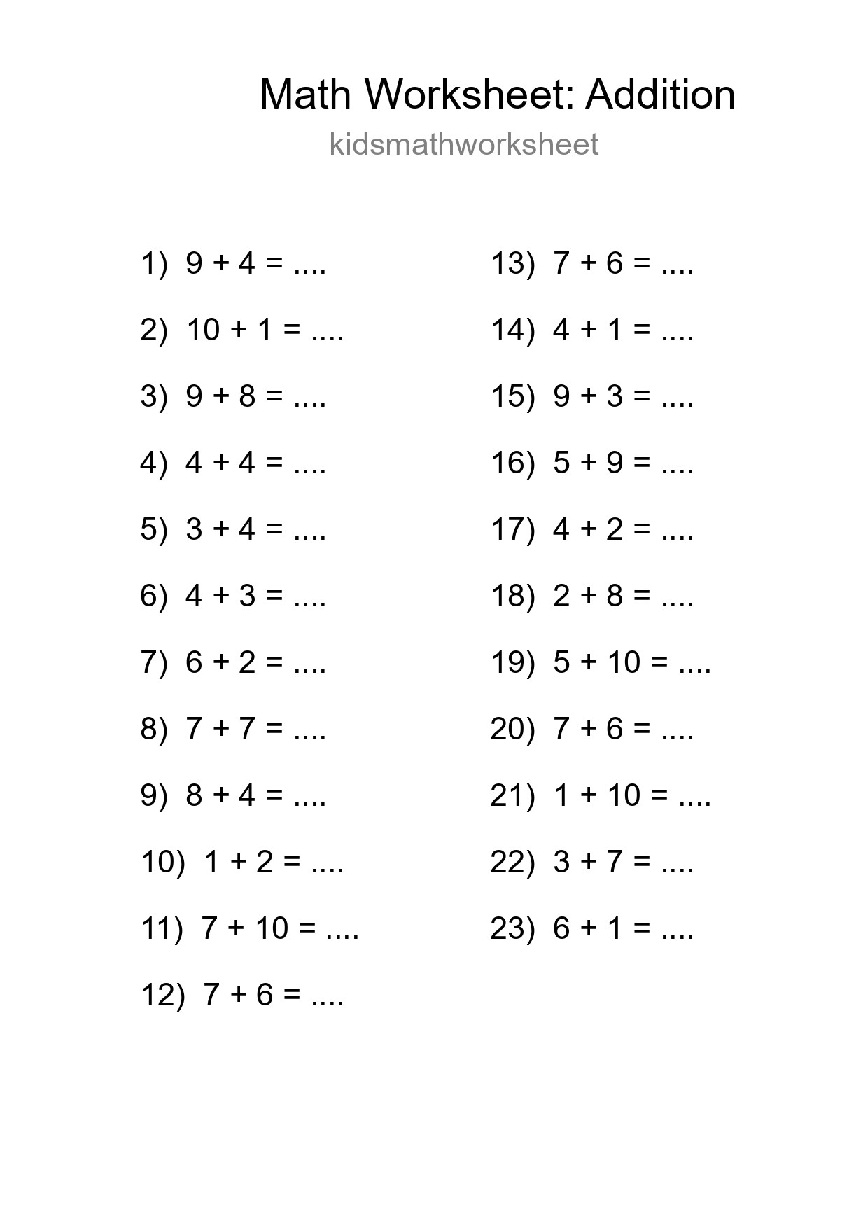 Free 23 Addition Math Worksheet For Grade 1 - Part 12