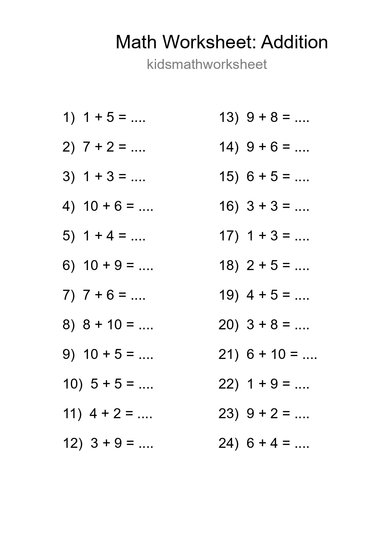 Free 24 Addition Math Worksheet For Grade 1 With Answers - Part 221