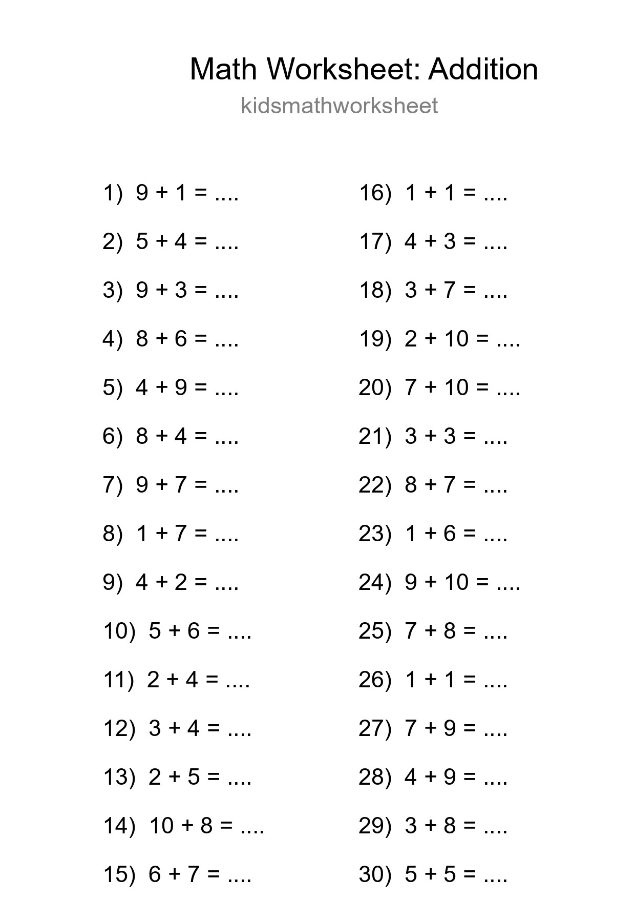 Free 30 Addition Math Worksheet For Grade 1 - Part 276