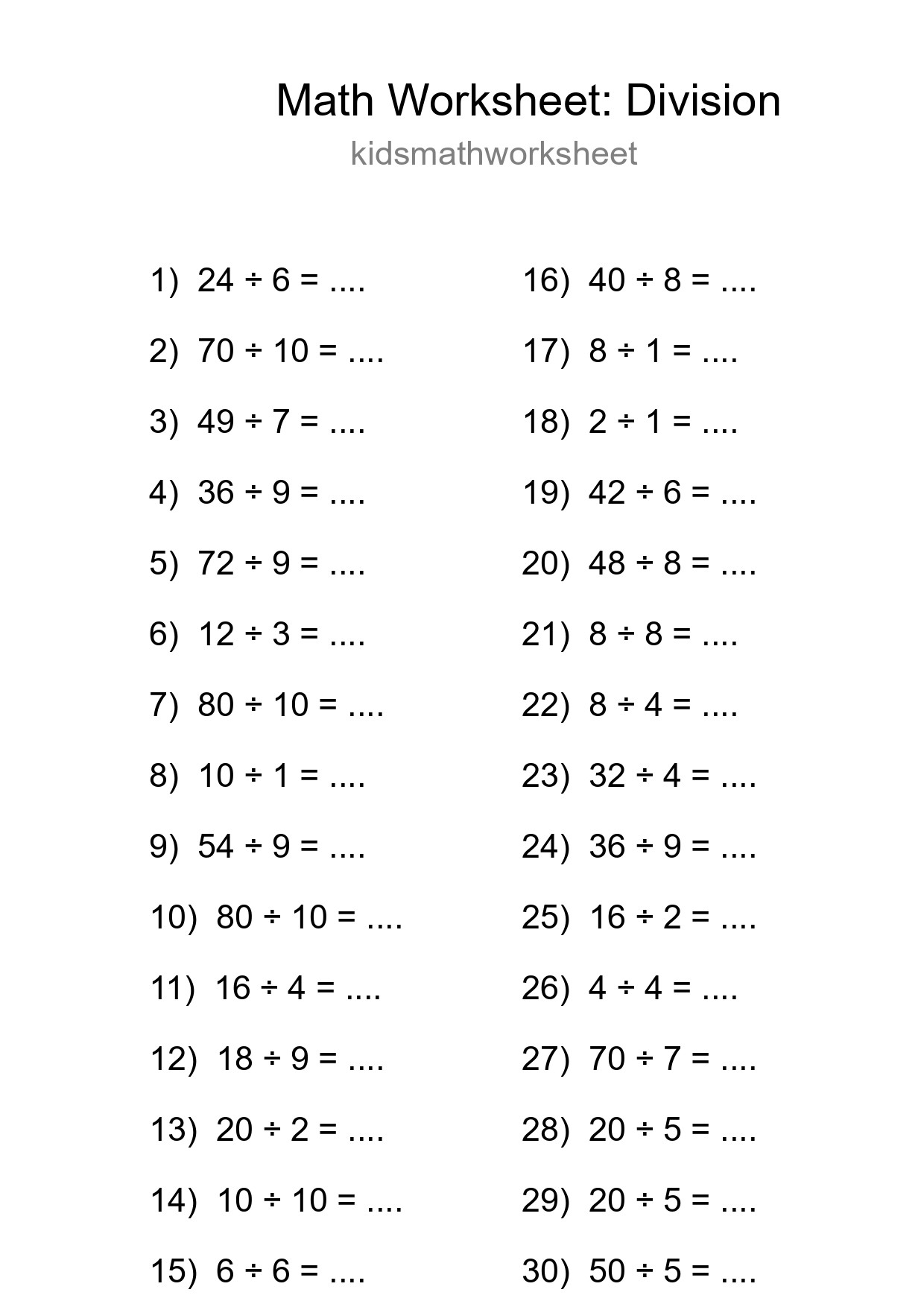 Free 30 Division Math Worksheet For Grade 1 - Part 202