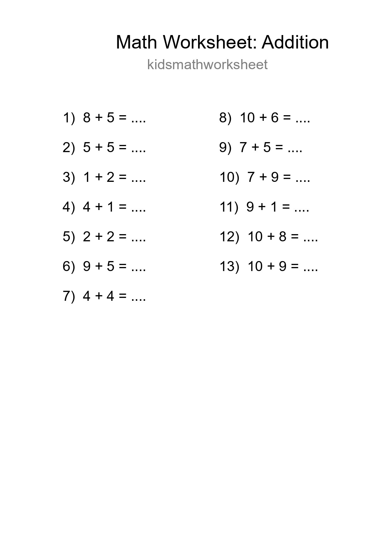 Grade 1 Addition Practice Worksheet (13 Problems) - Part 188
