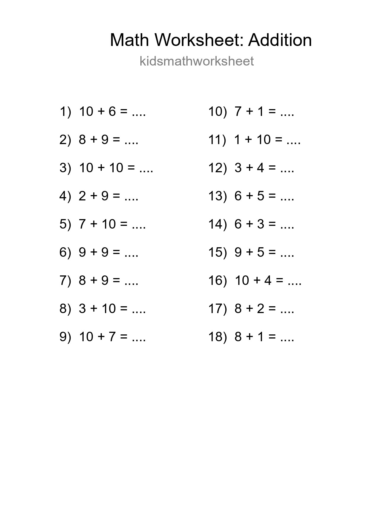 Grade 1 Addition Practice Worksheet (18 Problems) - Part 144
