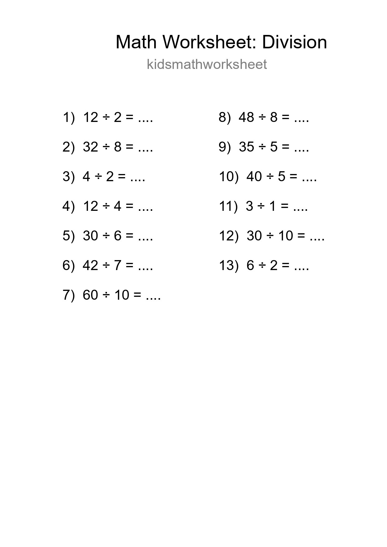 Grade 1 Division Practice Worksheet (13 Problems) - Part 213