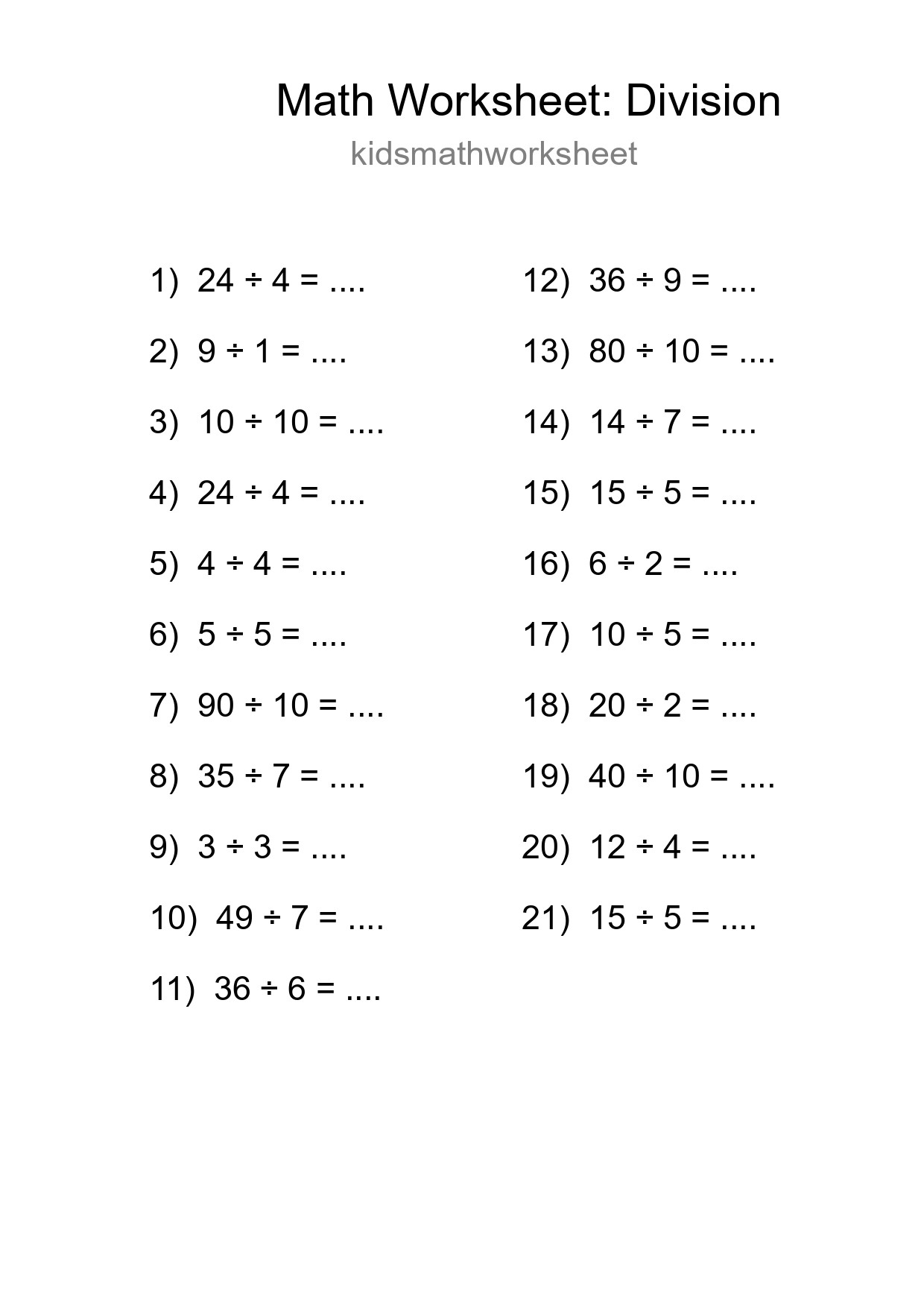 Grade 1 Division Practice Worksheet (21 Problems) - Part 224