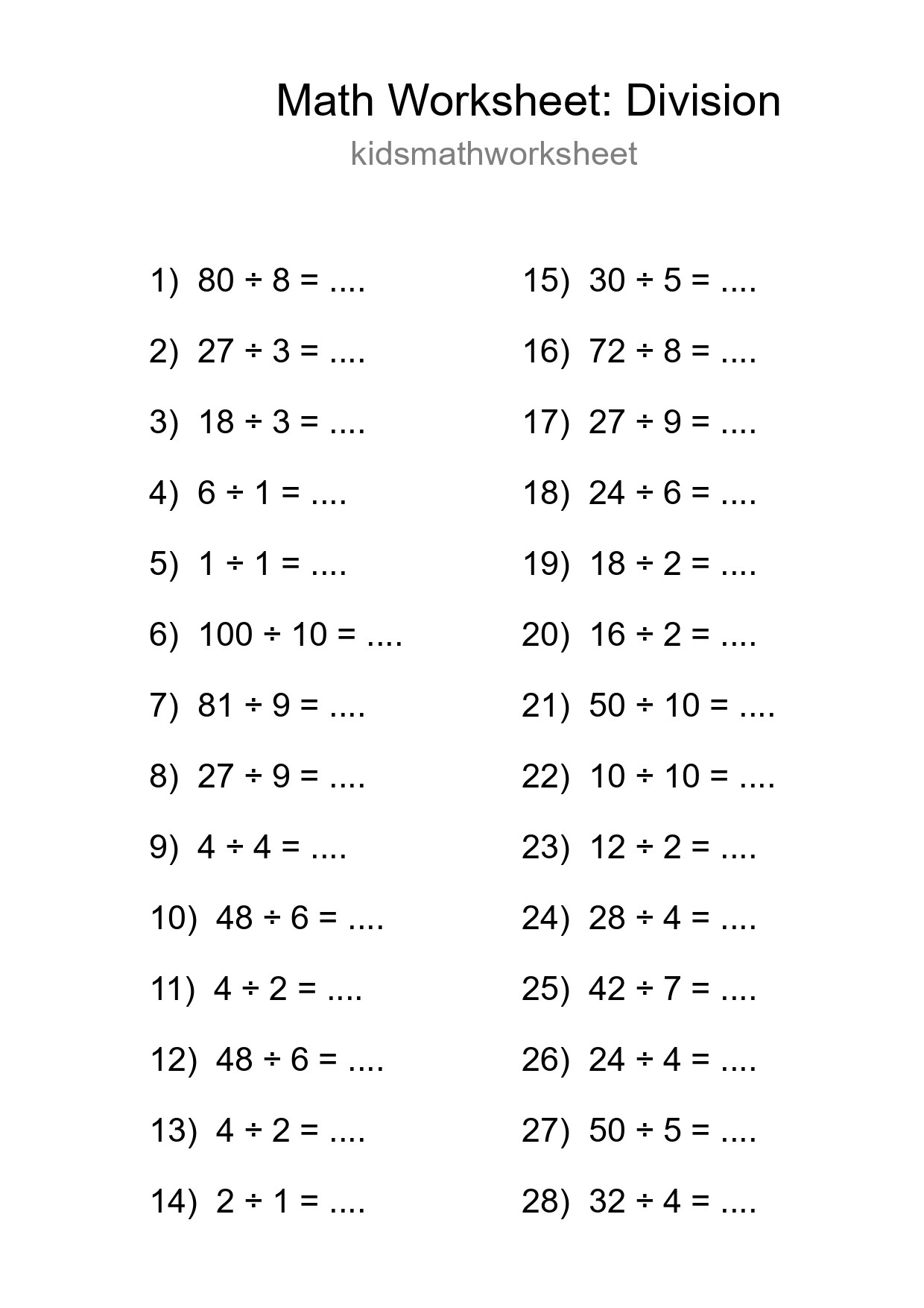 Grade 1 Division Practice Worksheet (28 Problems) - Part 48