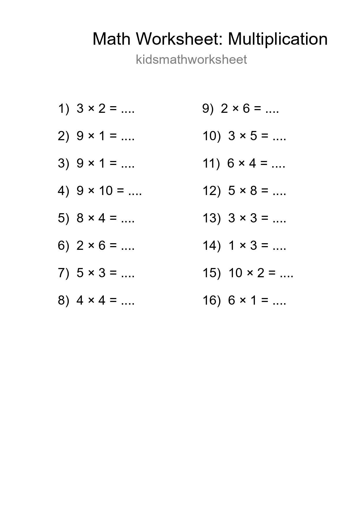 Grade 1 Multiplication Practice Worksheet (16 Problems) - Part 282