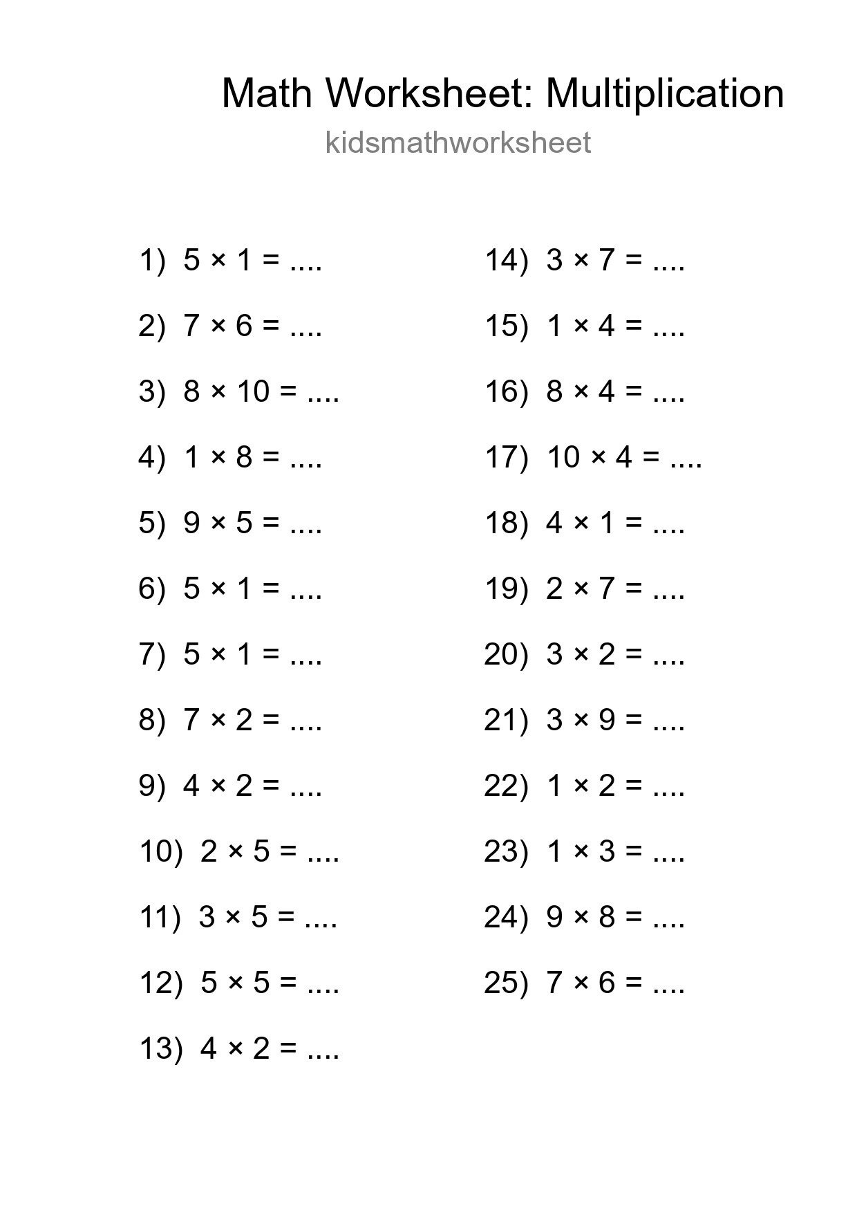 Grade 1 Multiplication Practice Worksheet (25 Problems) - Part 29