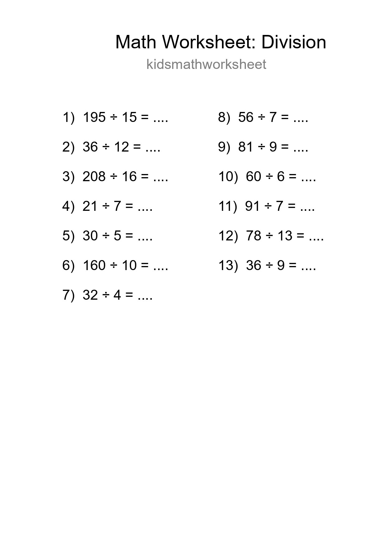Grade 2 Division Practice Worksheet (13 Problems) - Part 268