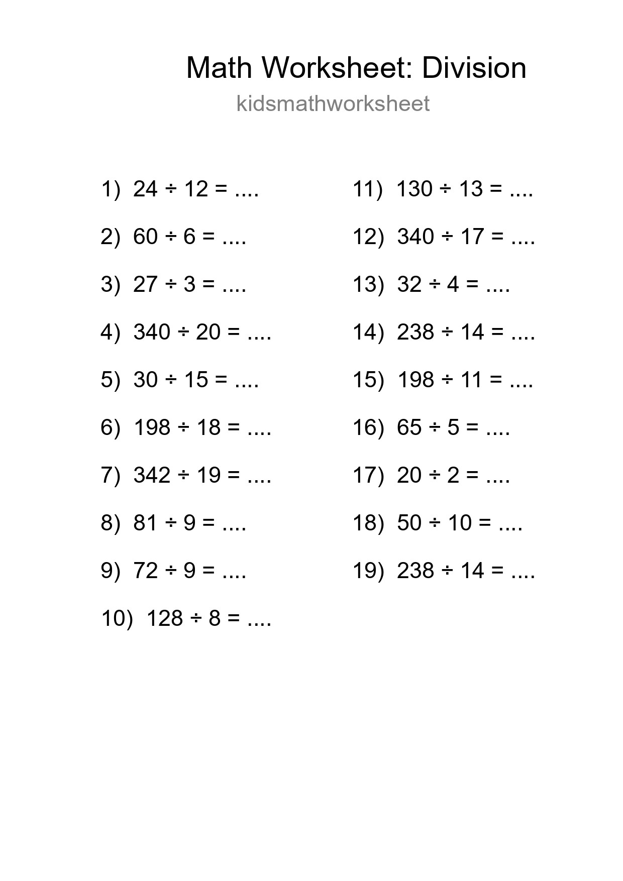 Grade 2 Division Practice Worksheet (19 Problems) - Part 158