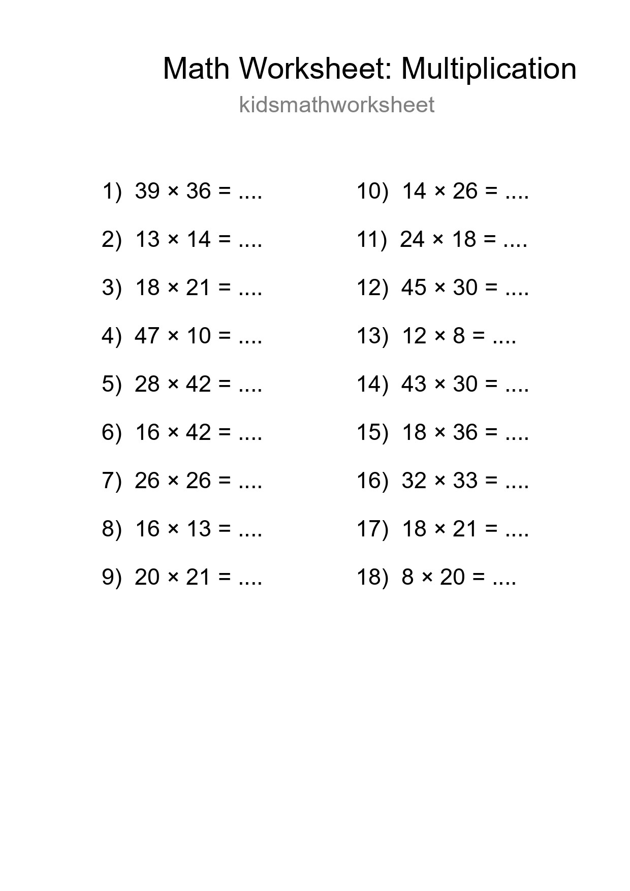 Grade 2 Multiplication Practice Worksheet (18 Problems) - Part 106