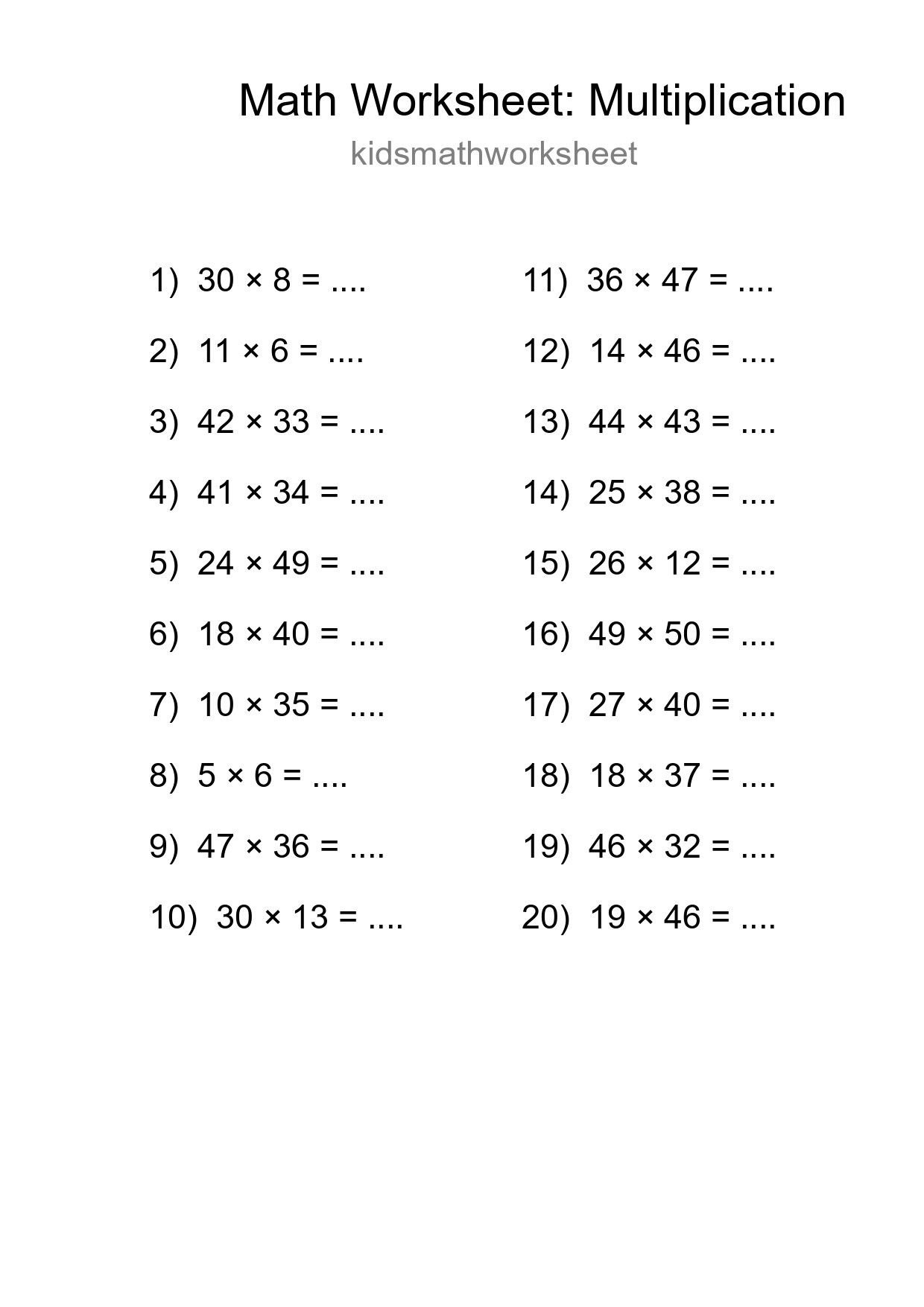 Grade 2 Multiplication Practice Worksheet (20 Problems) - Part 205