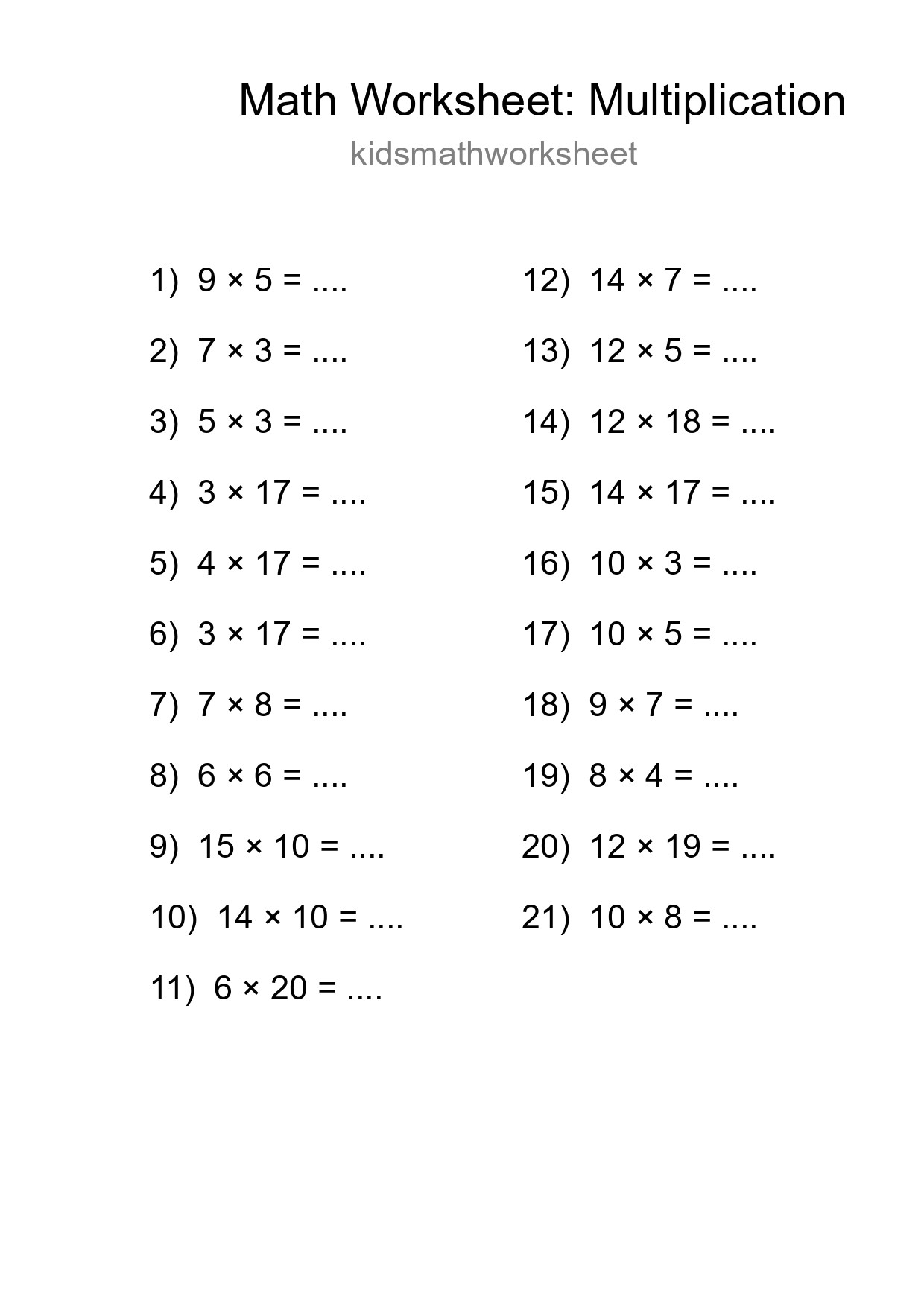 Grade 2 Multiplication Practice Worksheet (21 Problems) - Part 128