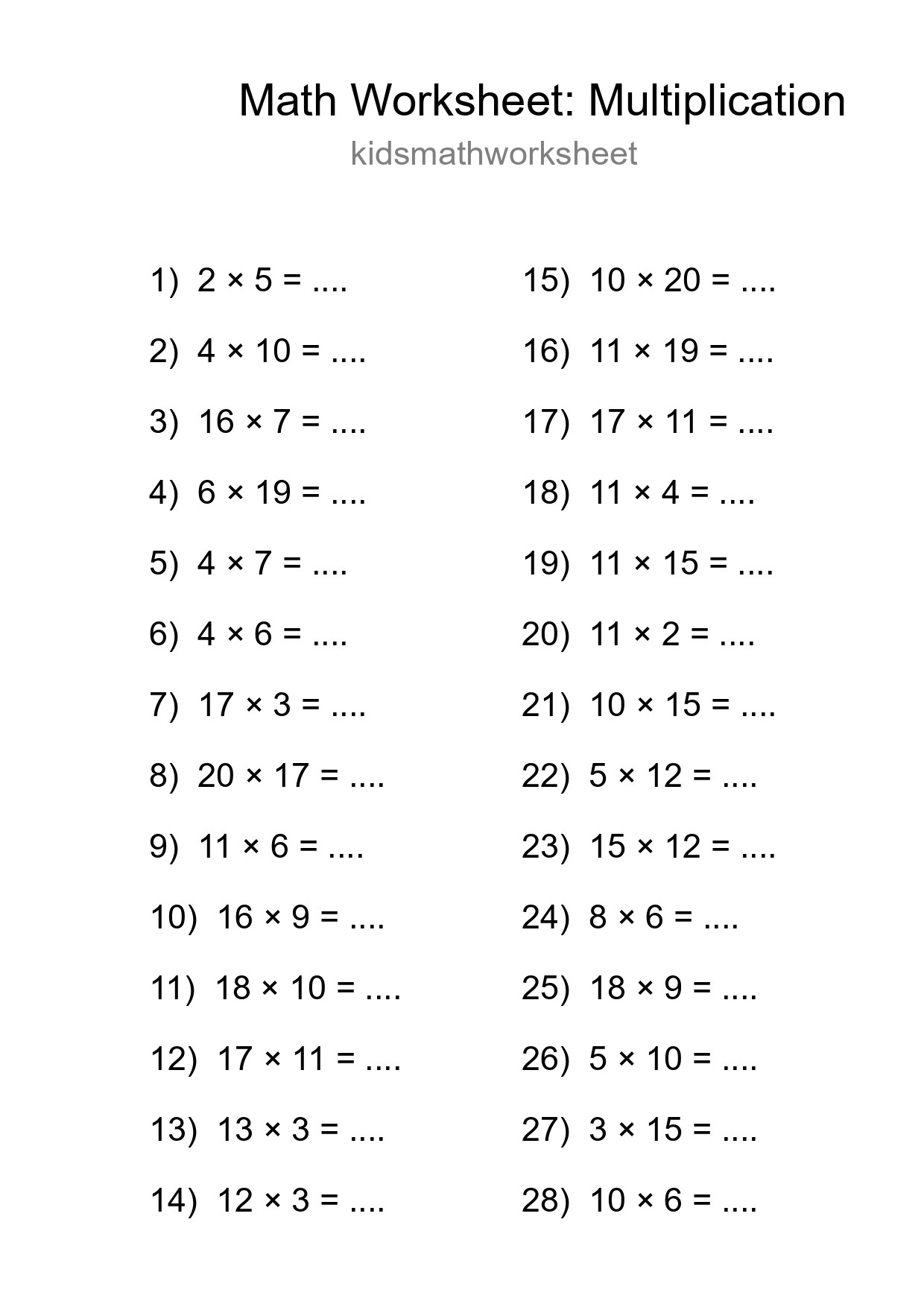 Grade 2 Multiplication Practice Worksheet (28 Problems) - Part 117