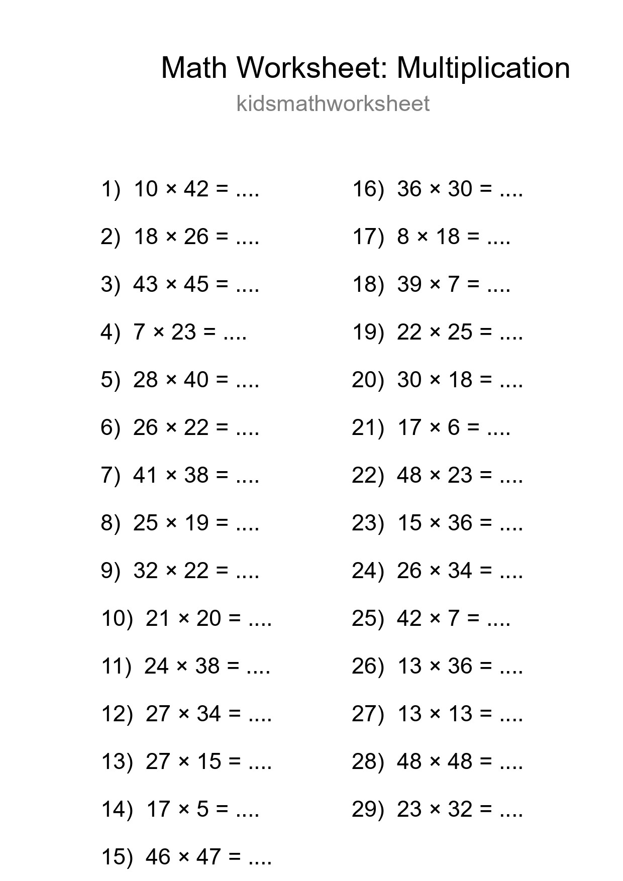 Grade 2 Multiplication Practice Worksheet (29 Problems) - Part 62