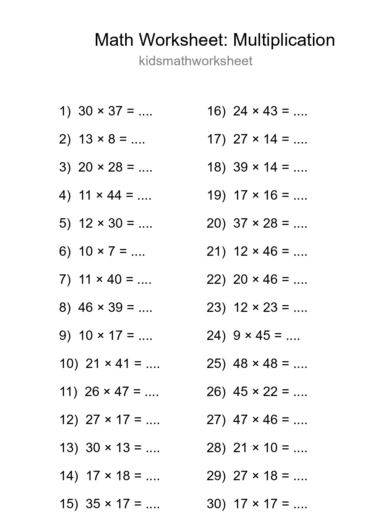 Grade 2 Multiplication Practice Worksheet (30 Problems) - Part 150