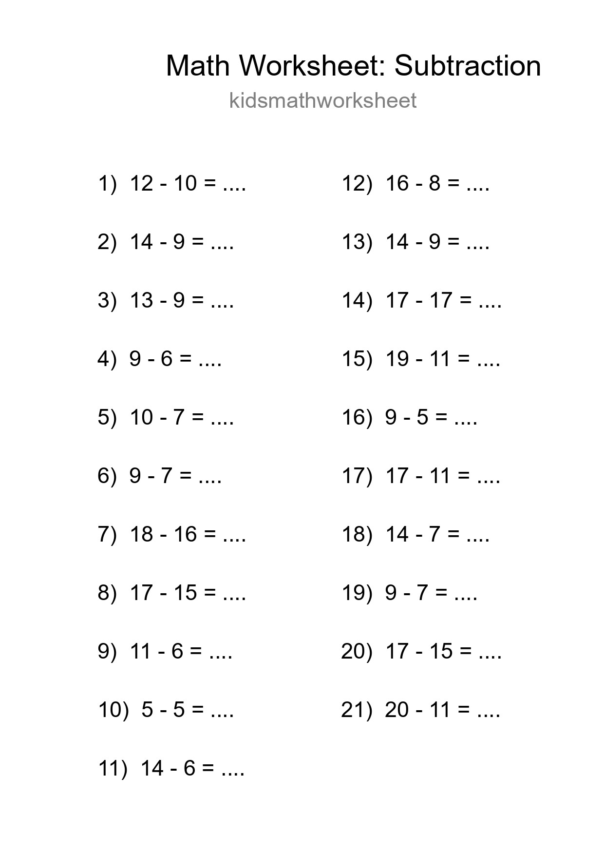 Grade 2 Subtraction Practice Worksheet (21 Problems) - Part 250
