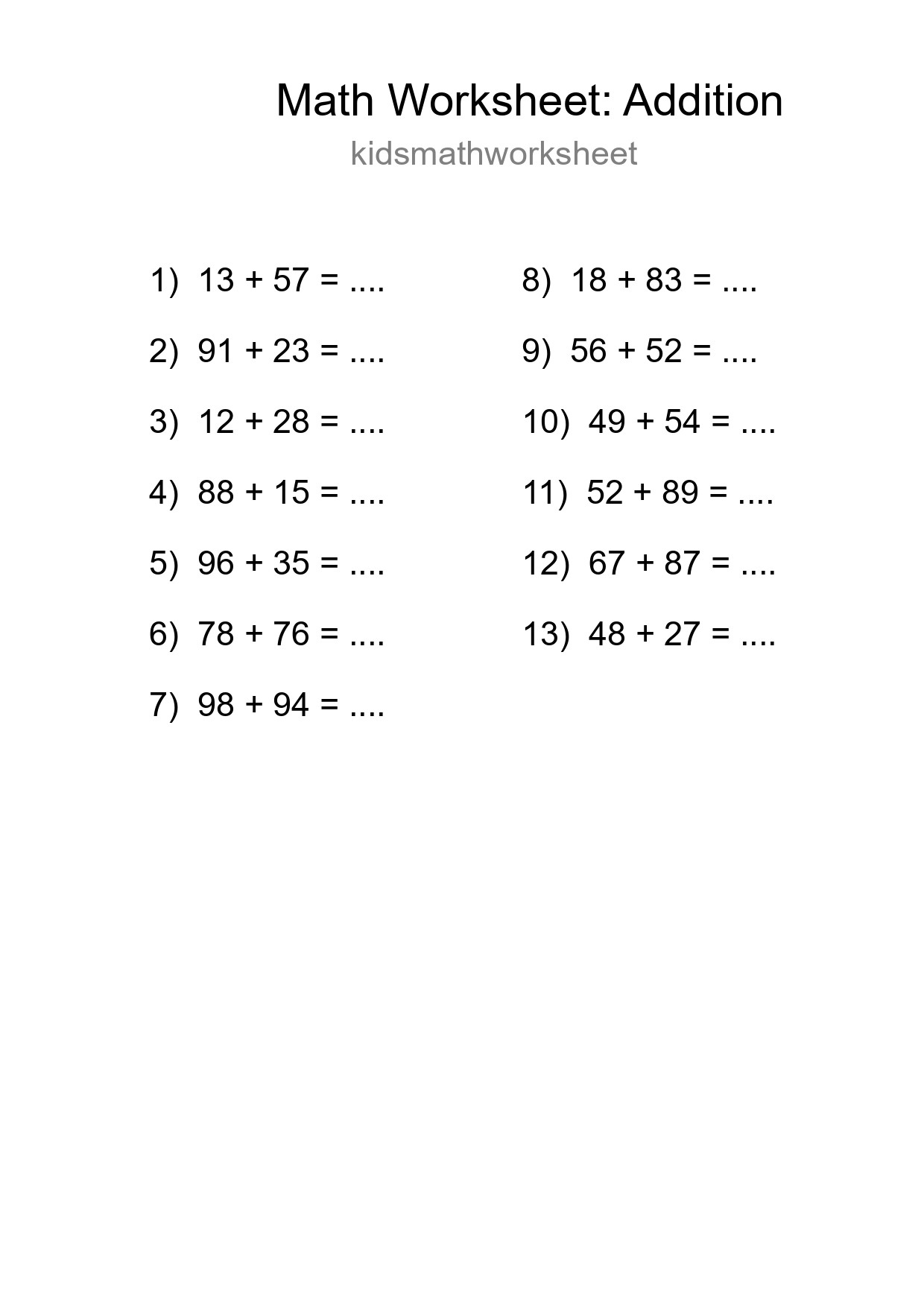 Grade 3 Addition Practice Worksheet (13 Problems) - Part 287