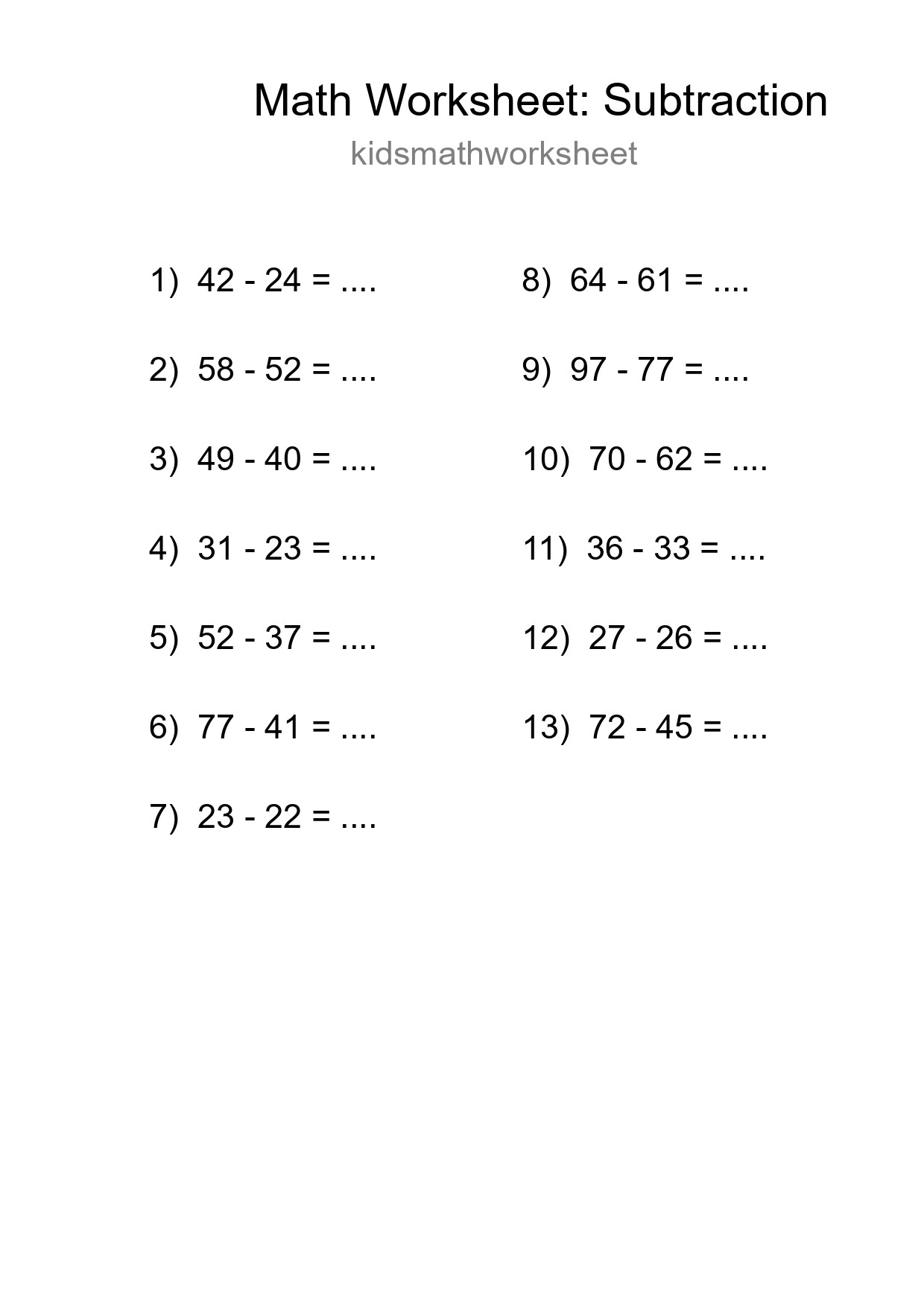 Grade 3 Subtraction Practice Worksheet (13 Problems) - Part 74