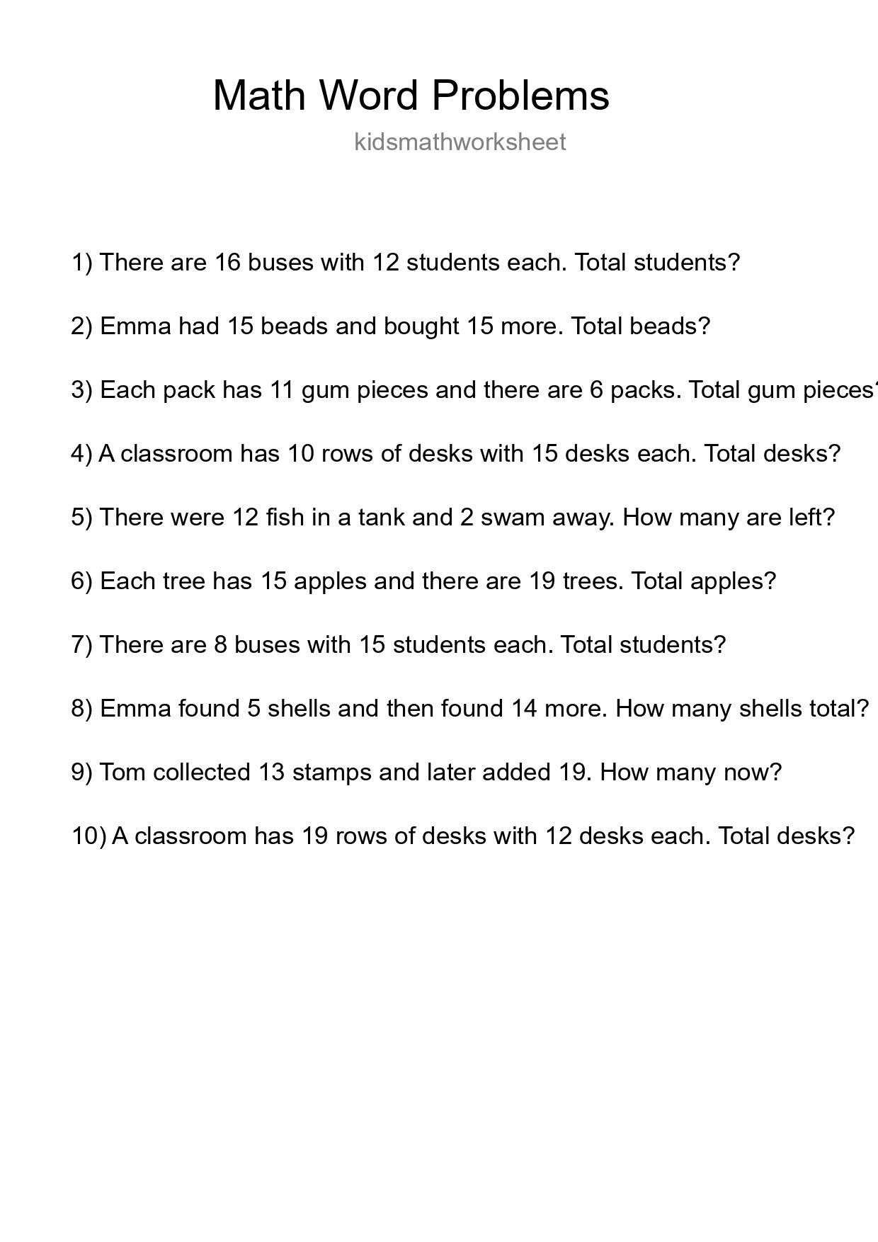 Math Word Problem Worksheet