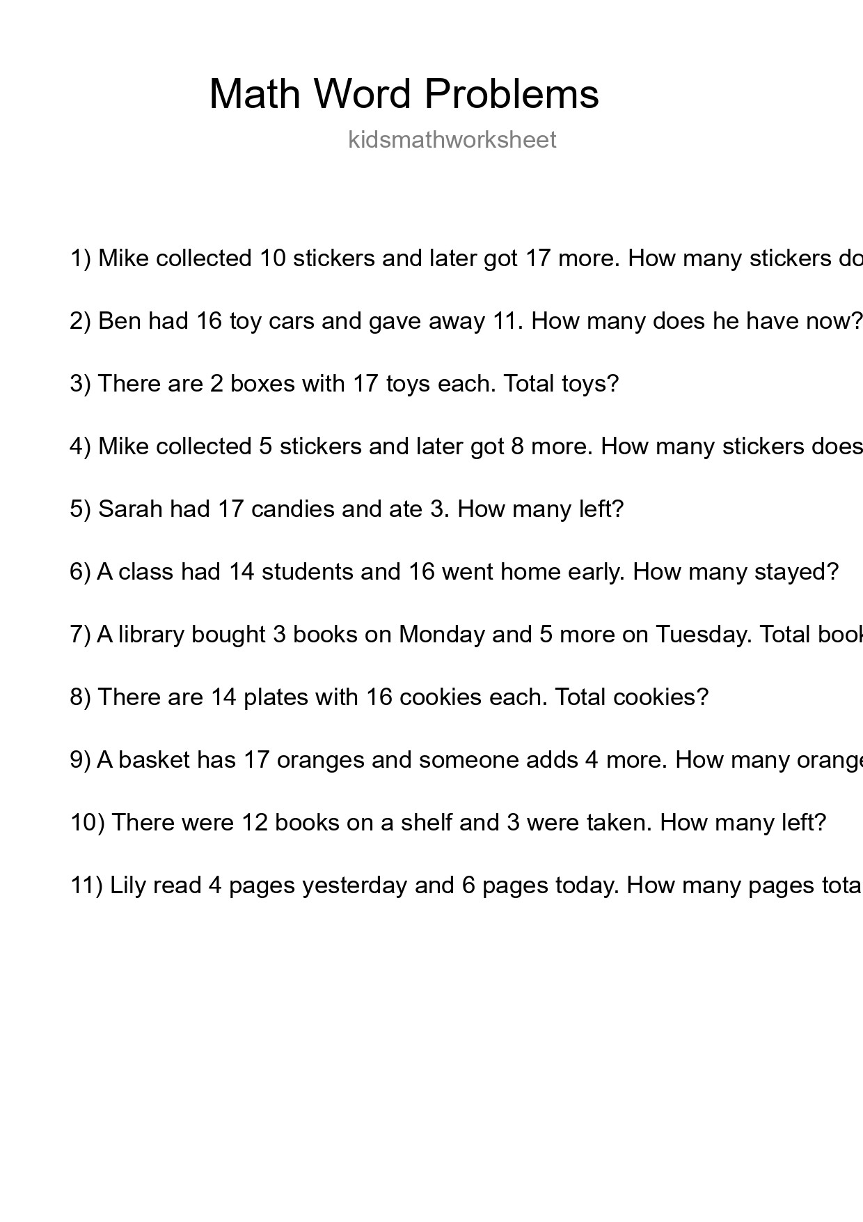 Math Word Problem Worksheet