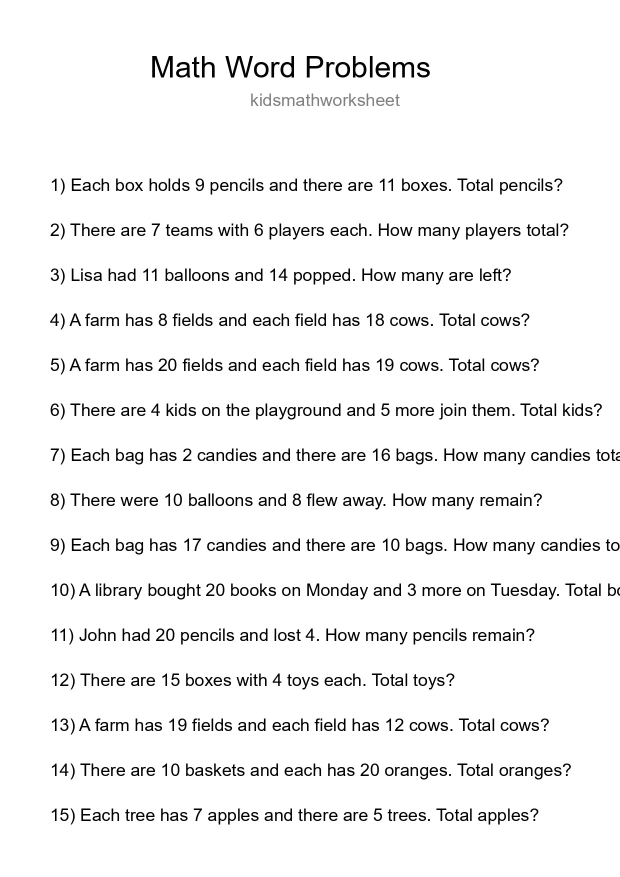 Math Word Problem Worksheet