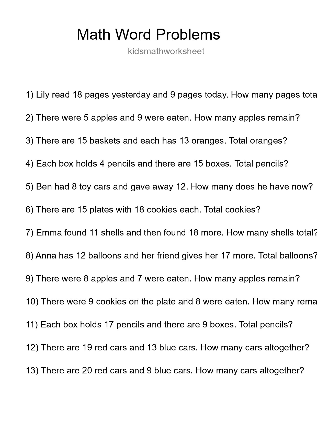 Math Word Problem Worksheet