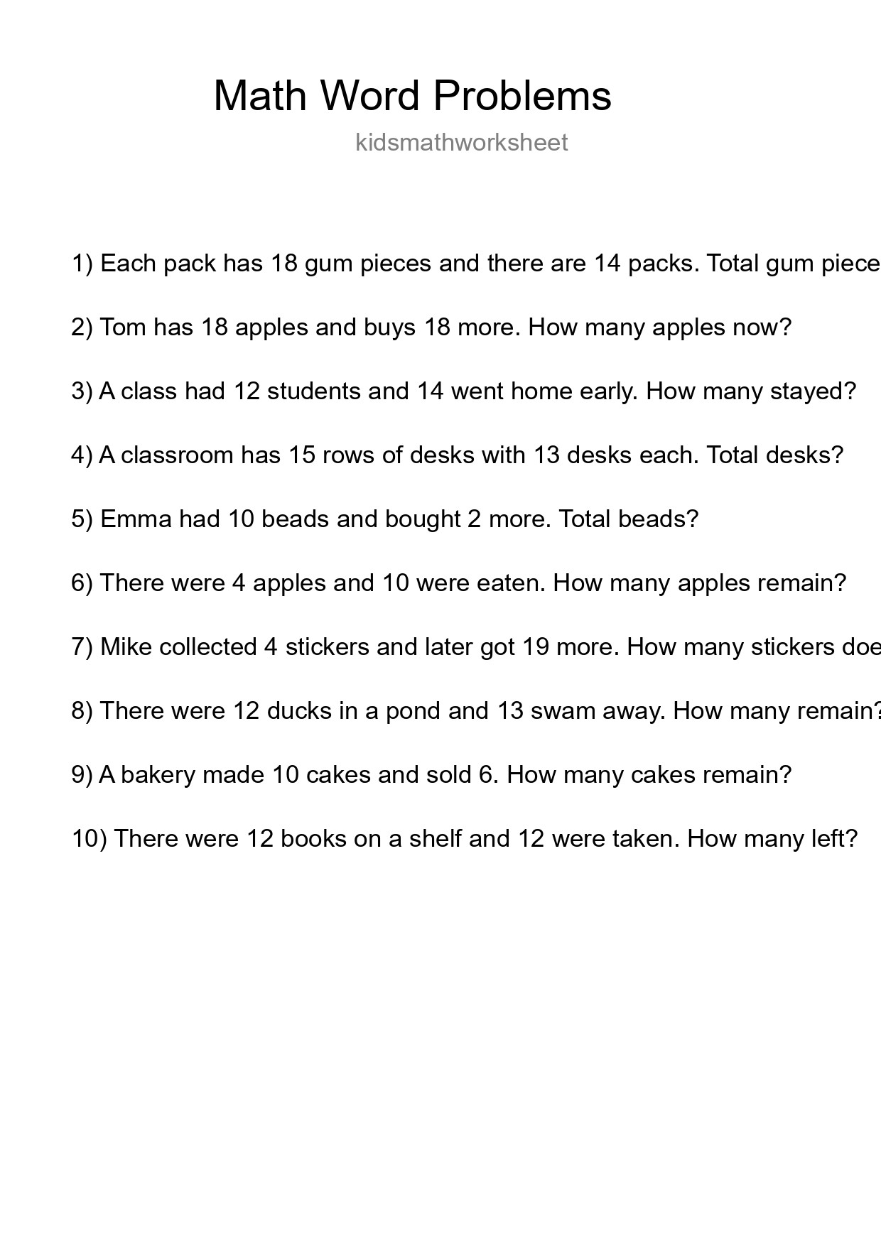 Math Word Problem Worksheet