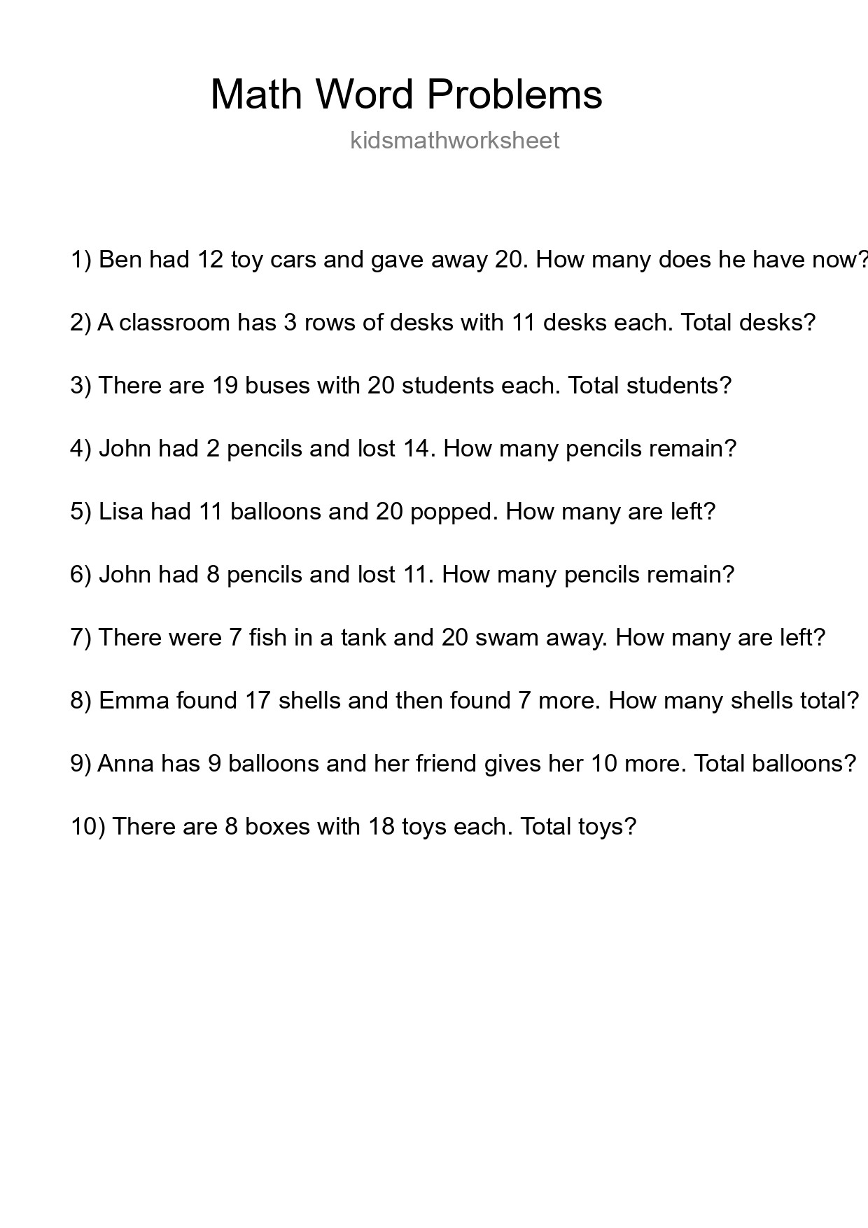 Math Word Problem Worksheet